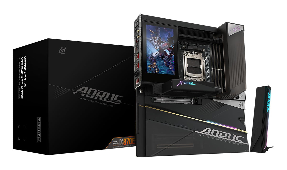 GIGABYTE X870E AORUS Xtreme X3D AI TOP Motherboard - Supports AMD Ryzen 9000 Series CPUs, 24+2+2 phase VRM, up to 9000MHz DDR5 (O.C.), 2x PCIe 5.0 M.2 + 3x PCIe 4.0 M.2, Wi-Fi 7, 10GbE LAN, USB 4