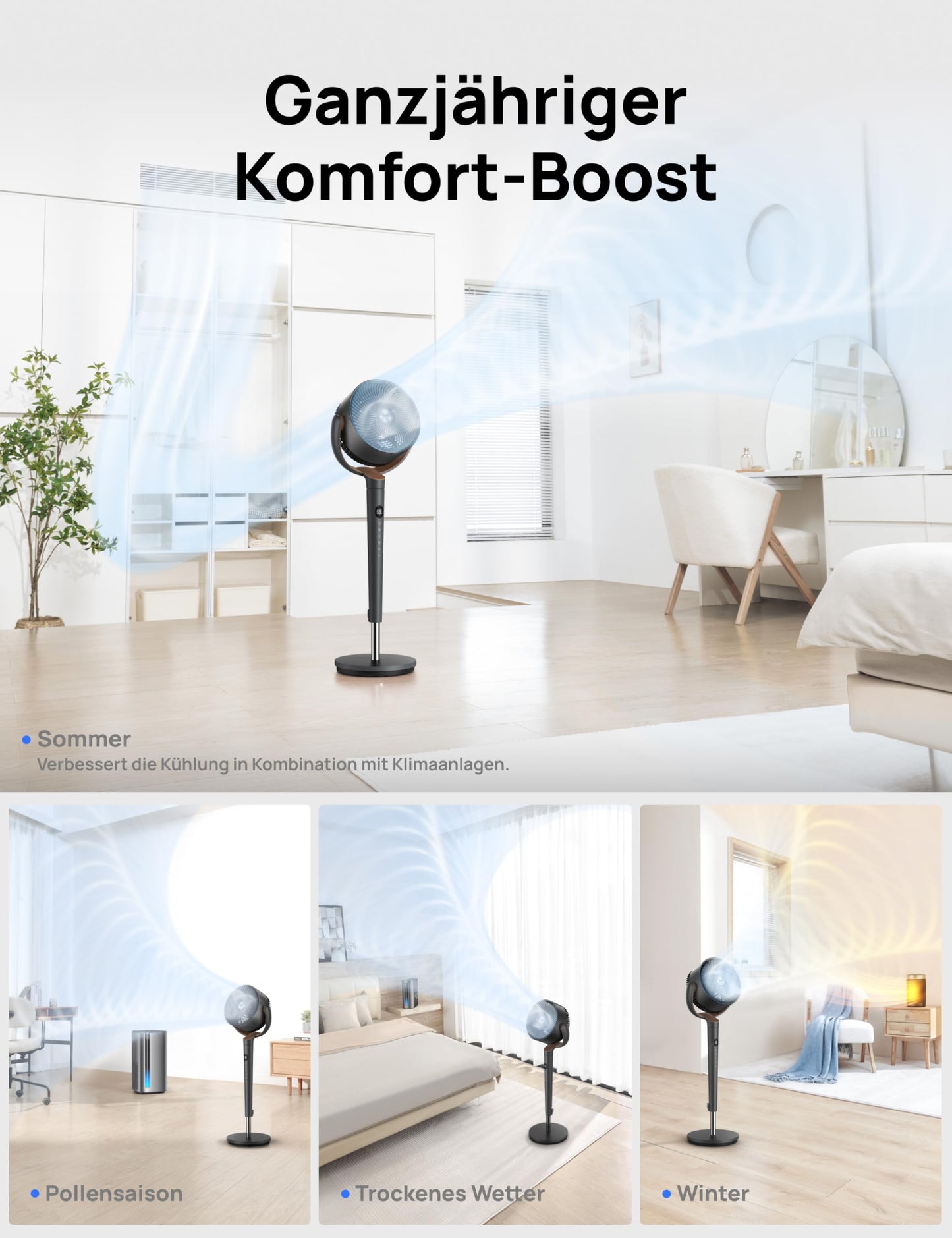 DREO pedestal fan very quiet, large fan with remote control, 20dB silent fan with DC motor, 120° oscillating, 4 modes, 94-107cm height adjustable, floor fan, TurboPoly Fan 512, gray