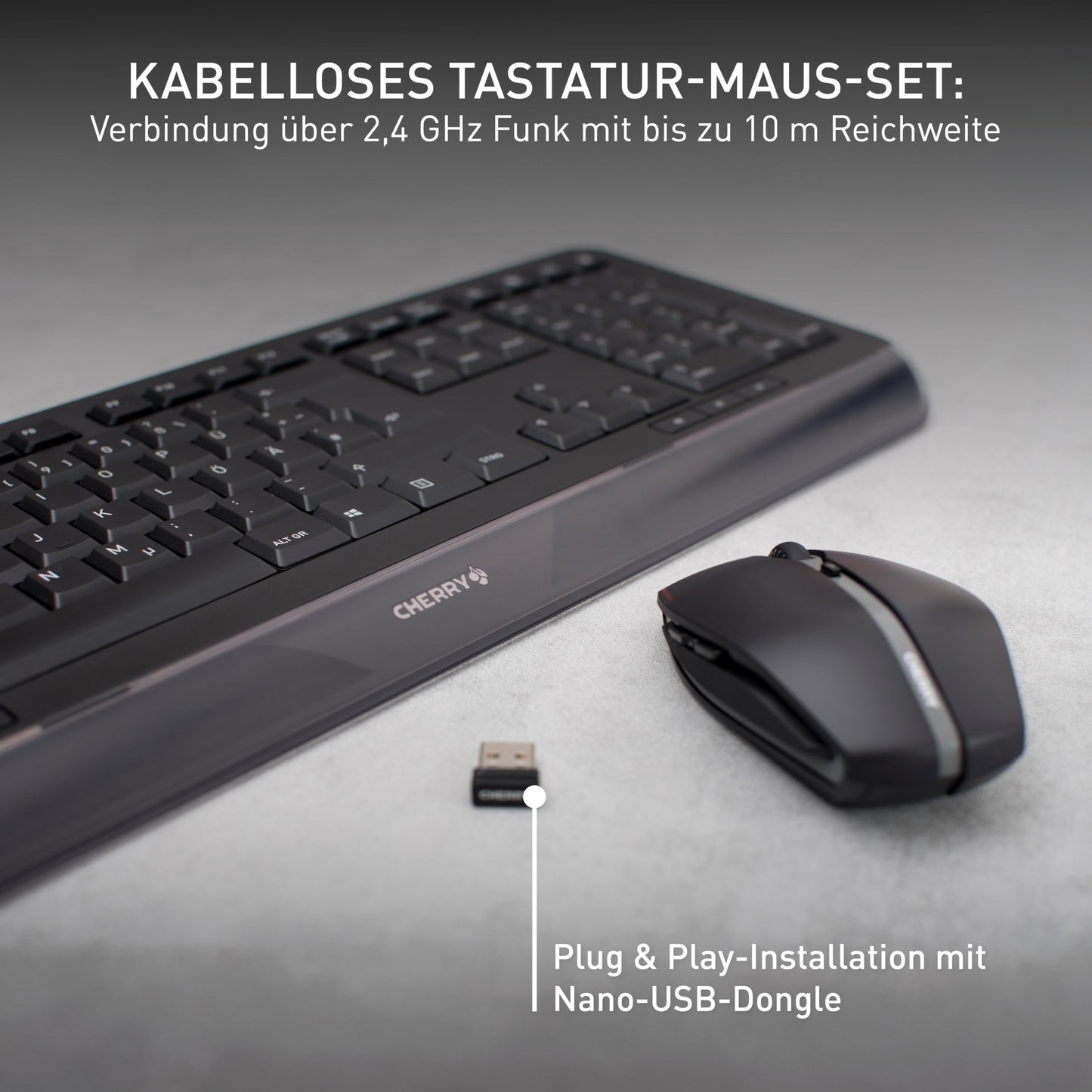 CHERRY GENTIX Desktop, wireless keyboard and mouse set, German layout (QWERTZ), 2.4 GHz radio, integrated wrist rest, symmetrical mouse, black - JD-7000DE-2