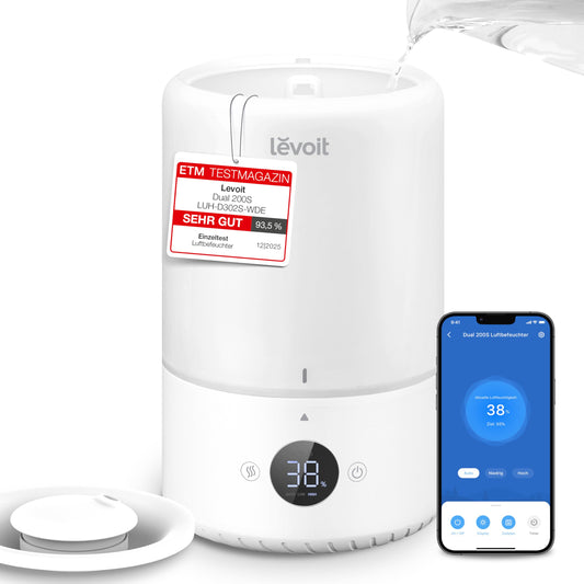 Umidificator inteligent Levoit pentru dormitor, silențios 20dB, umidificator cu umplere superioară pentru bebeluși, senzor de umiditate, umidificator de cameră cu duză rotativă la 360° pentru camera copiilor, plante, 3 L, Alb-crem - LUH-D302S-WDE