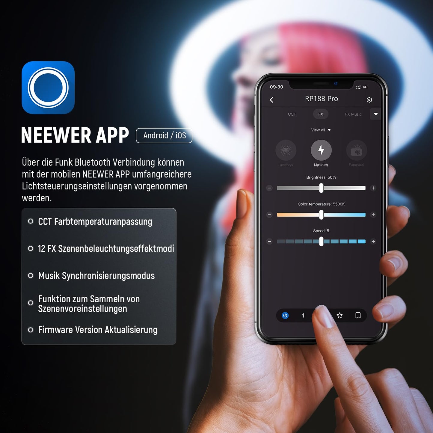 NEEWER Professional Ring Light with Stand and Phone Holder, 18" Ultra Thin, 45W 2900K-7000K TLCI98, Remote Shutter and App Control, Softer Lighting for Make Up Live Stream TikTok, RP18B Pro - 10103018