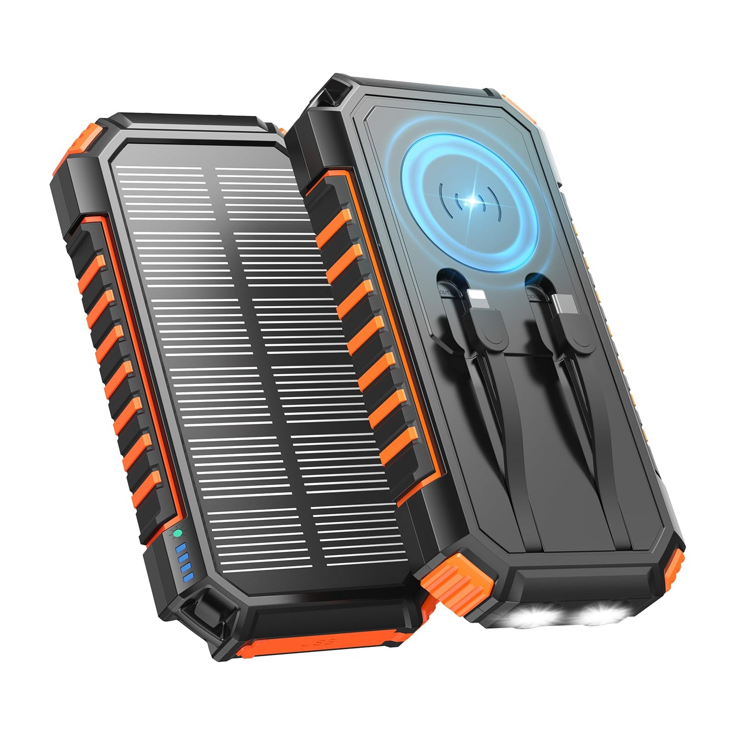 20000mah Wireless Solar Power Bank - A ADDTOP 22.5W Fast Portable Charger with 2 Built-in Cables & 2 Flashlights, External Battery with USB-C LED Flashlights for Cell Phones, Tablets and Camping - T11PWX