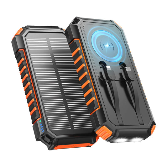 20000mah Wireless Solar Power Bank - A ADDTOP 22.5W Fast Portable Charger with 2 Built-in Cables & 2 Flashlights, External Battery with USB-C LED Flashlights for Cell Phones, Tablets and Camping - T11PWX