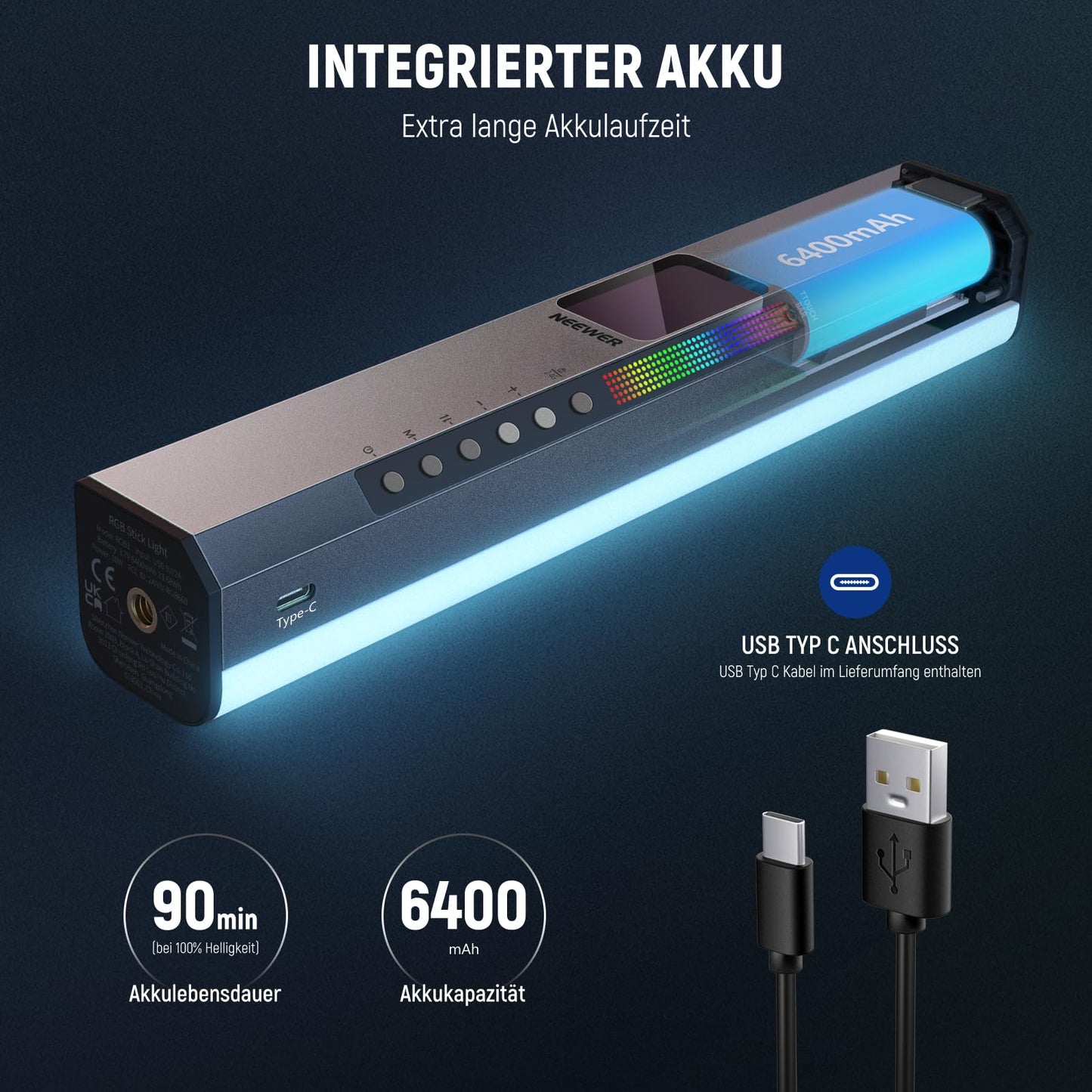 NEEWER RGB1 LED video light light stick with metal barndoor, touch bar/APP control, magnetic light stick RGB video light, 3200K-5600K CRI98+ dimmable handheld light stick with 6400mAh battery, 17 scenes