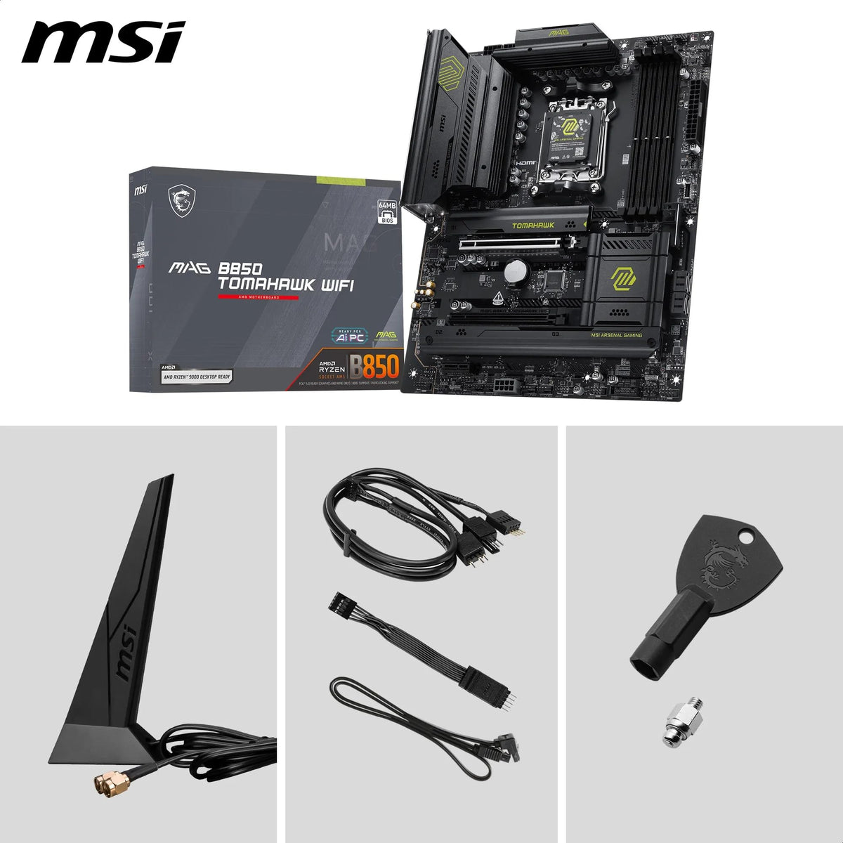 MSI MAG B850 Tomahawk WiFi Placă de bază, ATX - Suportă procesoare AMD Ryzen 9000/8000 / 7000, AM5-80A SPS VRM, DDR5 Memory Boost 8200+ MT/s (OC), PCIe 5.0 x16, M.2 Gen5, Wi-Fi 7, 5G LAN - 7E53-001R