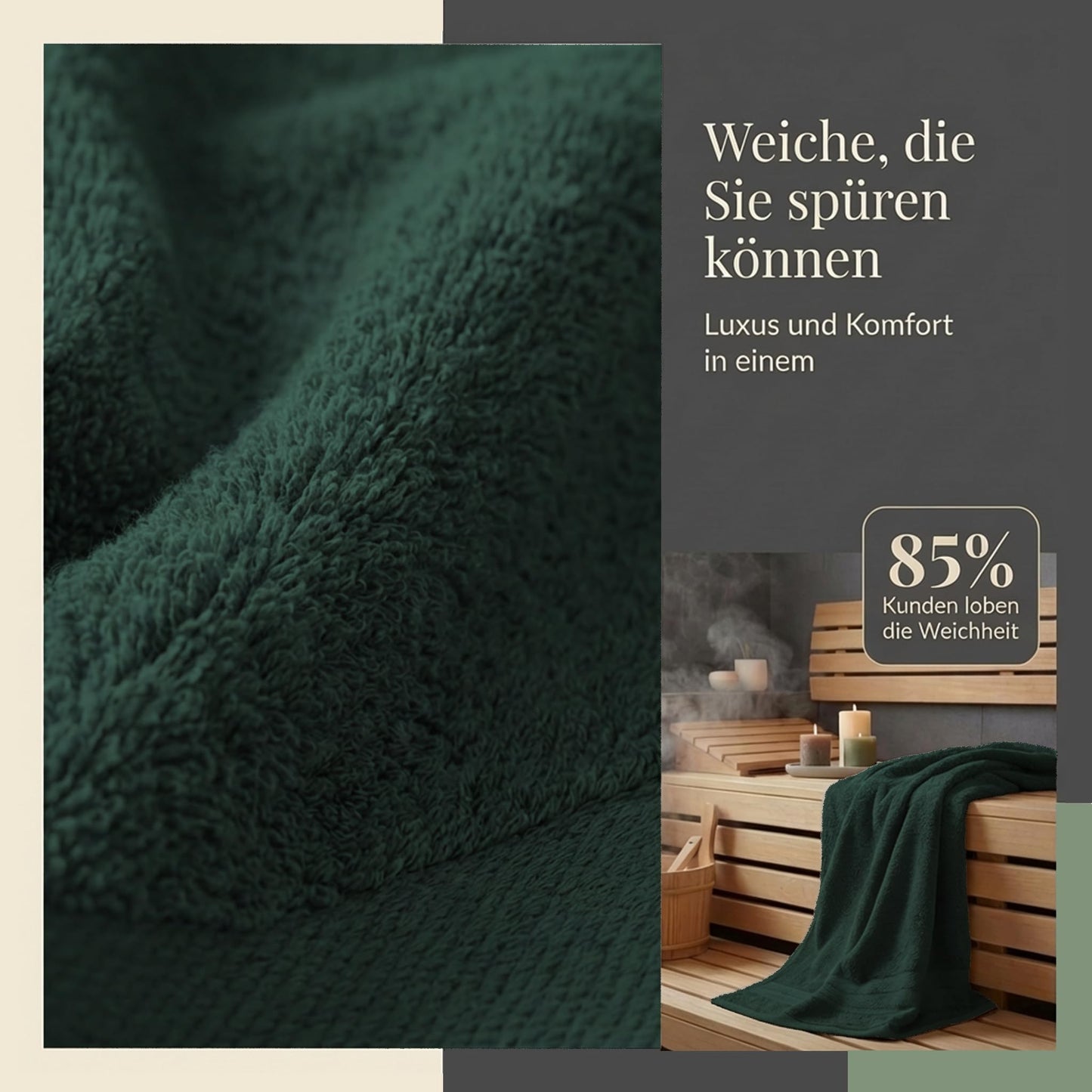Komfortec 2 sauna towel set 80x200 cm, large sauna towels made of 100% cotton, sauna towels, fluffy and absorbent, quick-drying, dark green - 2er-80x200-dunkelgrun