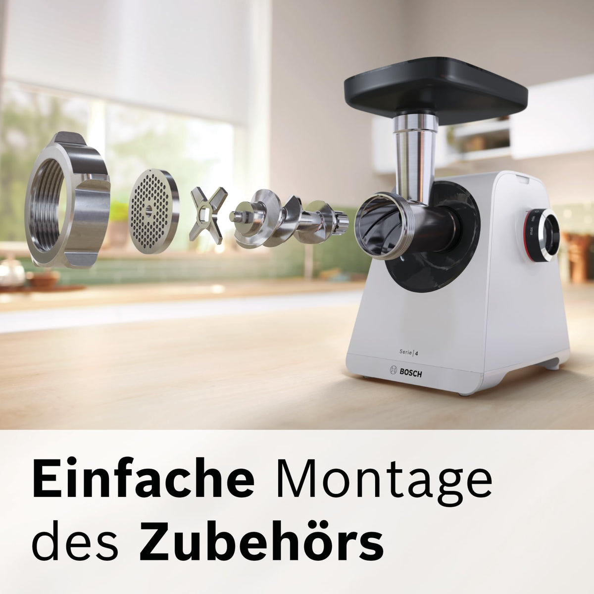 Bosch Răzătoare de carne Serie 4, 2 discuri de tăiere (3 / 8mm) din oțel inoxidabil, lavabile în mașina de spălat vase, electrică, puternică, compactă, 2 trepte, umplutură de cârnați, 1.900 W, alb/negru, MultiPower MFWS420W