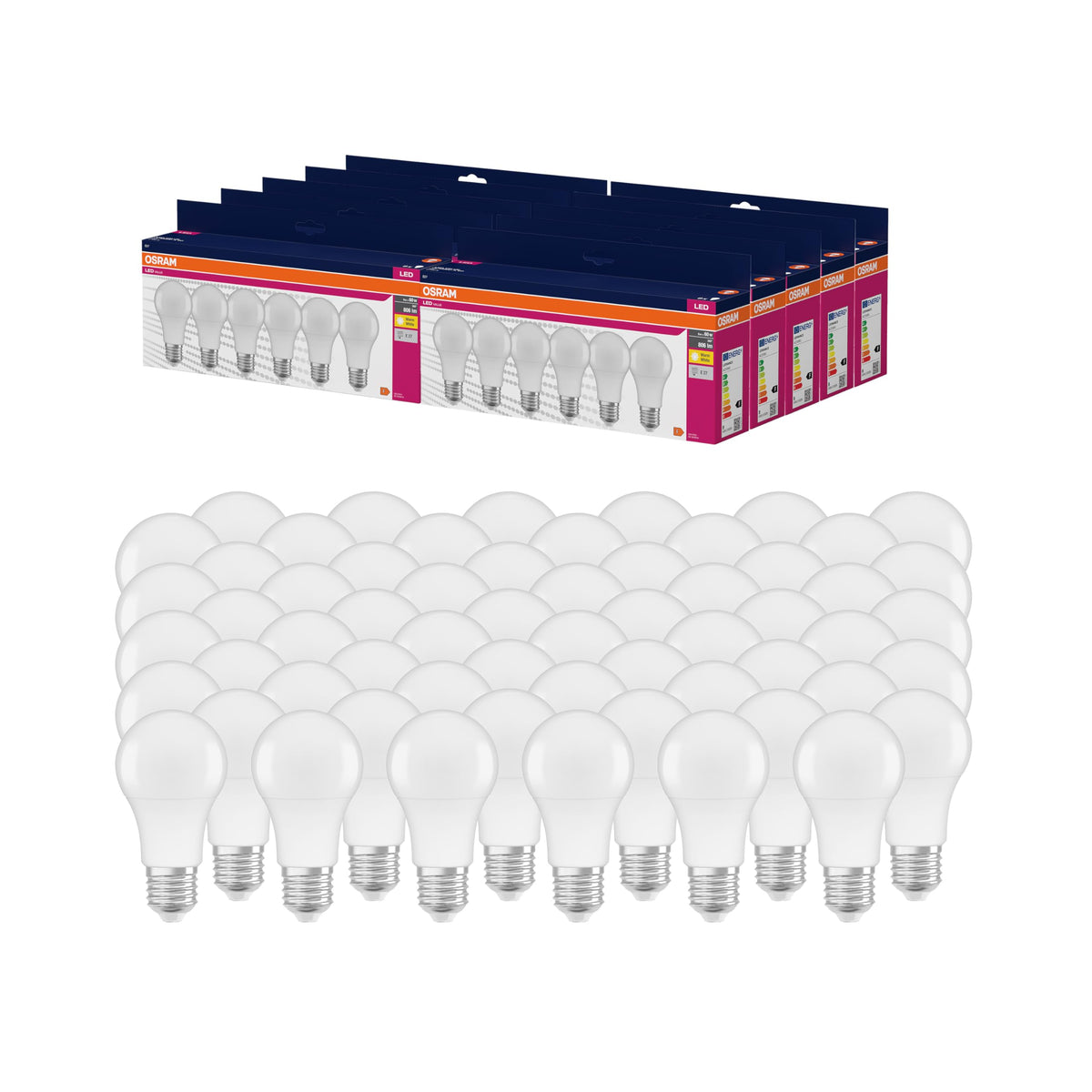 Osram LED Star VALUE A60, value pack with 60 light bulbs, replaces traditional 60W incandescent bulbs, warm white (2700K), 8W, E27 base, frosted, non-dimmable - 4058075845657