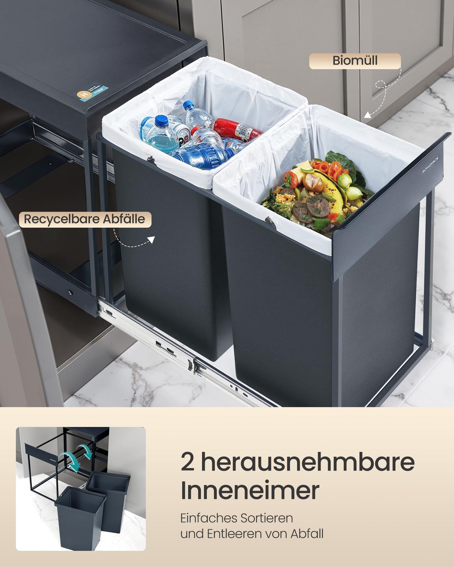SONGMICS waste bin kitchen, waste separation system for base cabinet, 2 x 20 L, waste bin 2 compartments, extendable, steel frame, ABS lid, gray LTB951GZ01