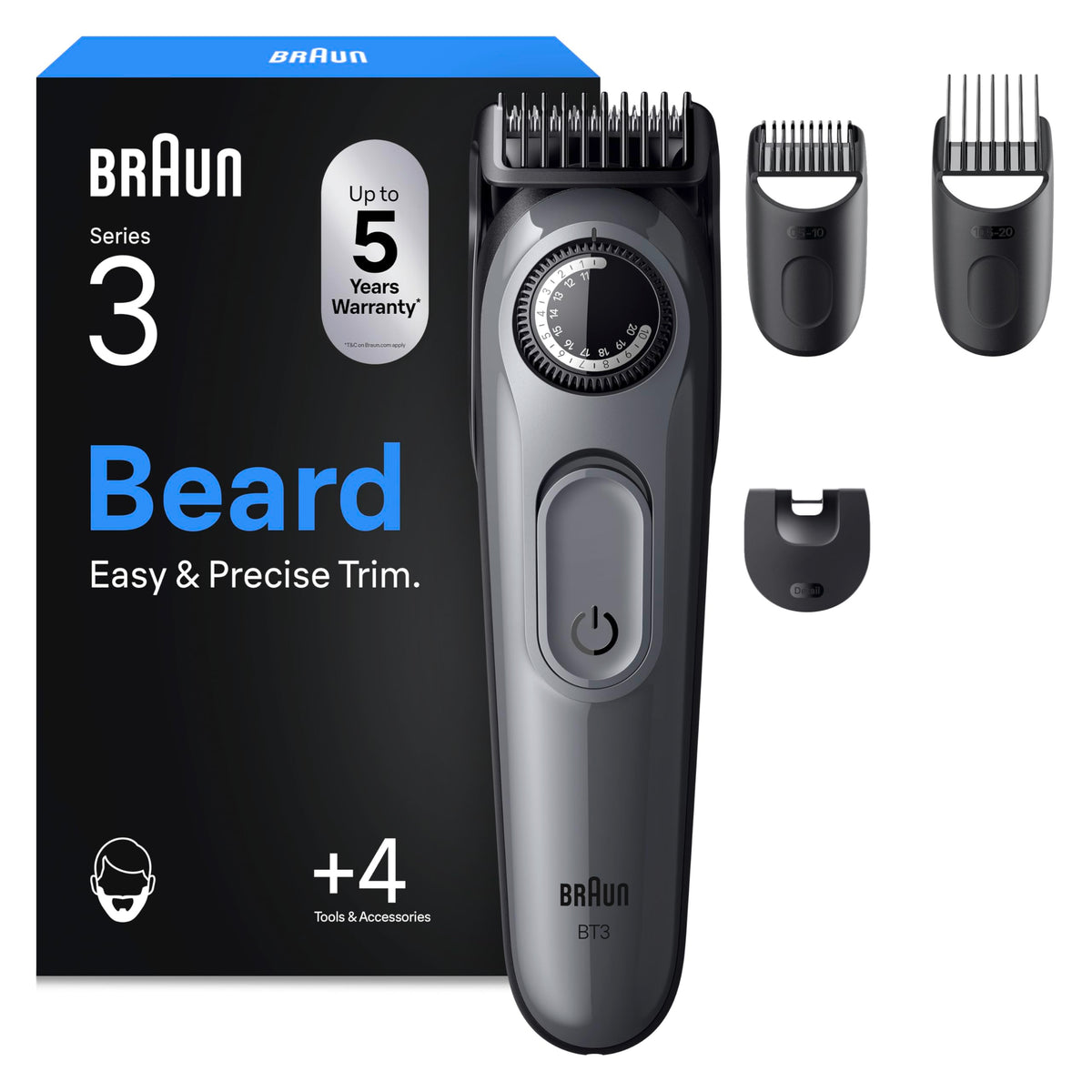 Braun Beard Trimmer Series 3, Cordless Beard Clipper for Men, BT3525, Gray