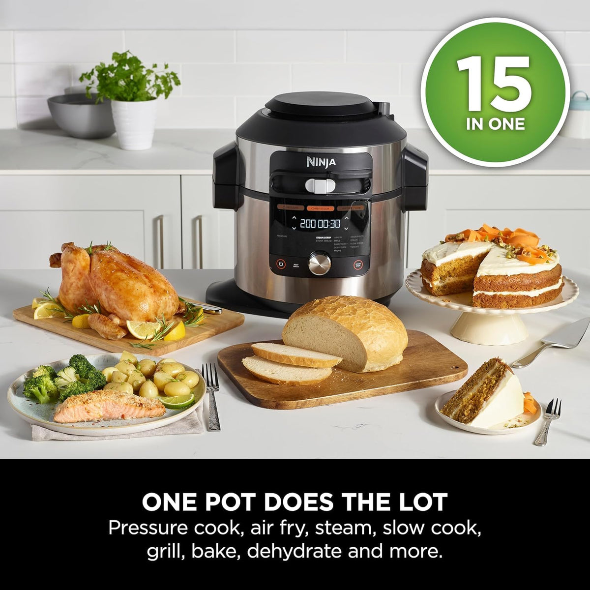 Ninja Foodi MAX Multicooker with Smart Lid, 7.5L, 14-in-1 Multicooker, Pressure Cooker, Air Fryer, Slow Cooker, digital temperature probe, stainless steel, OL750EU