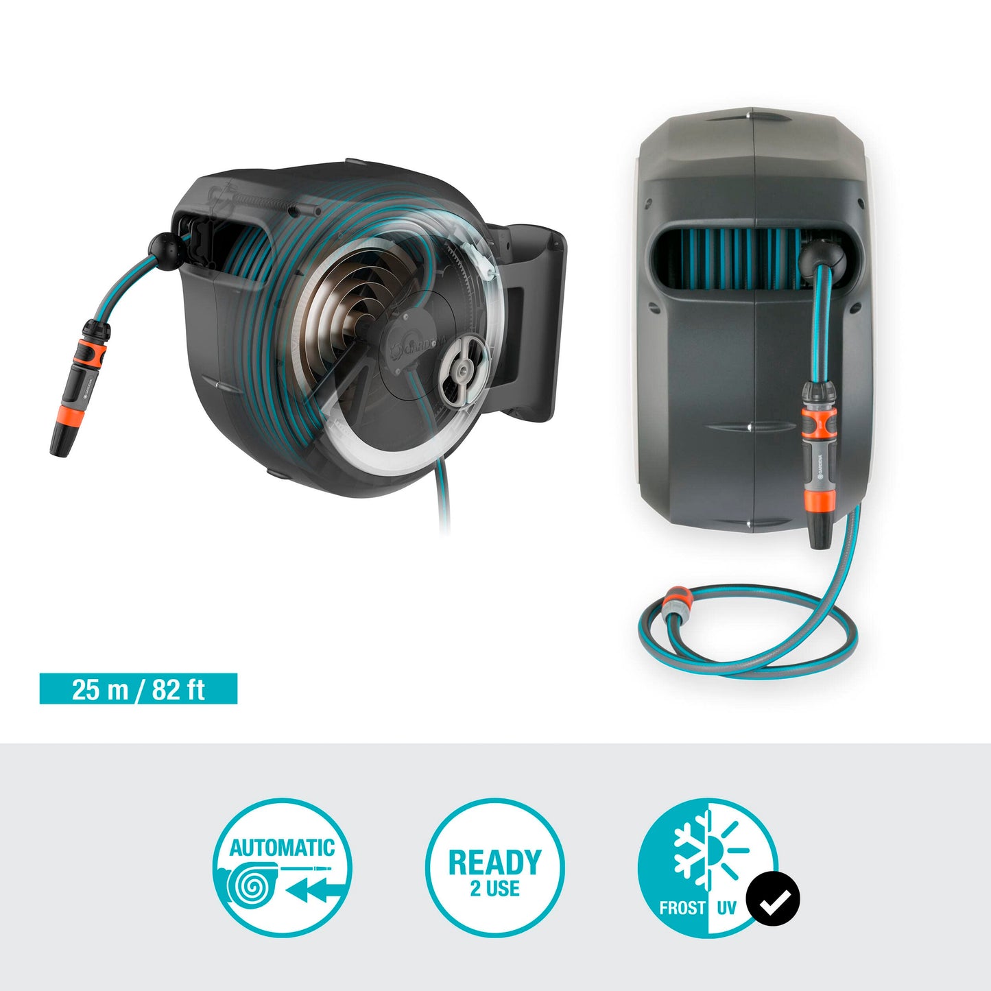 Gardena wall hose box RollUp M/L (white) 25 m: flexible irrigation for medium to large gardens, swiveling hose box, incl. 25 m Gardena quality hose and assembly aid (18622-20) - 18622-60