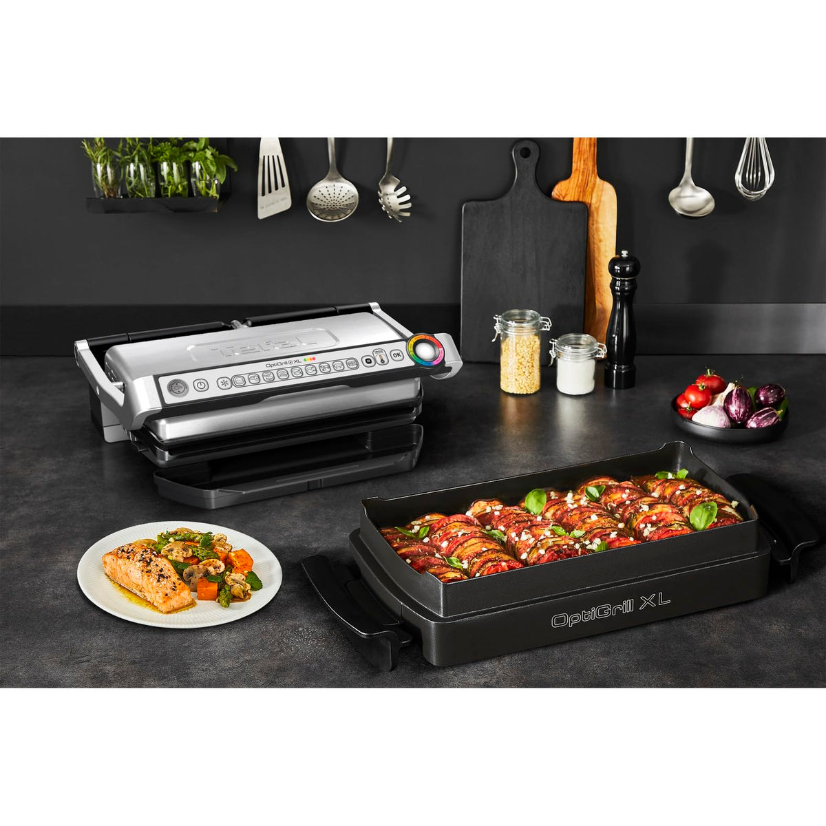 Tefal OptiGrill+ XL | Grill contact cu ajustare automată a temperaturii | 9 programe automate | Suprafață de grill XL | Inclusiv tavă de coacere | GC724D12