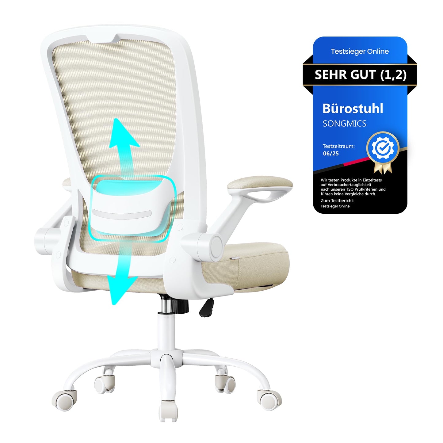 SONGMICS ergonomic office chair, swivel chair with mesh, lumbar and headrest, rocker function, 53 cm seat, folding armrests, study and bedroom, students, oatmeal beige OBN037K02
