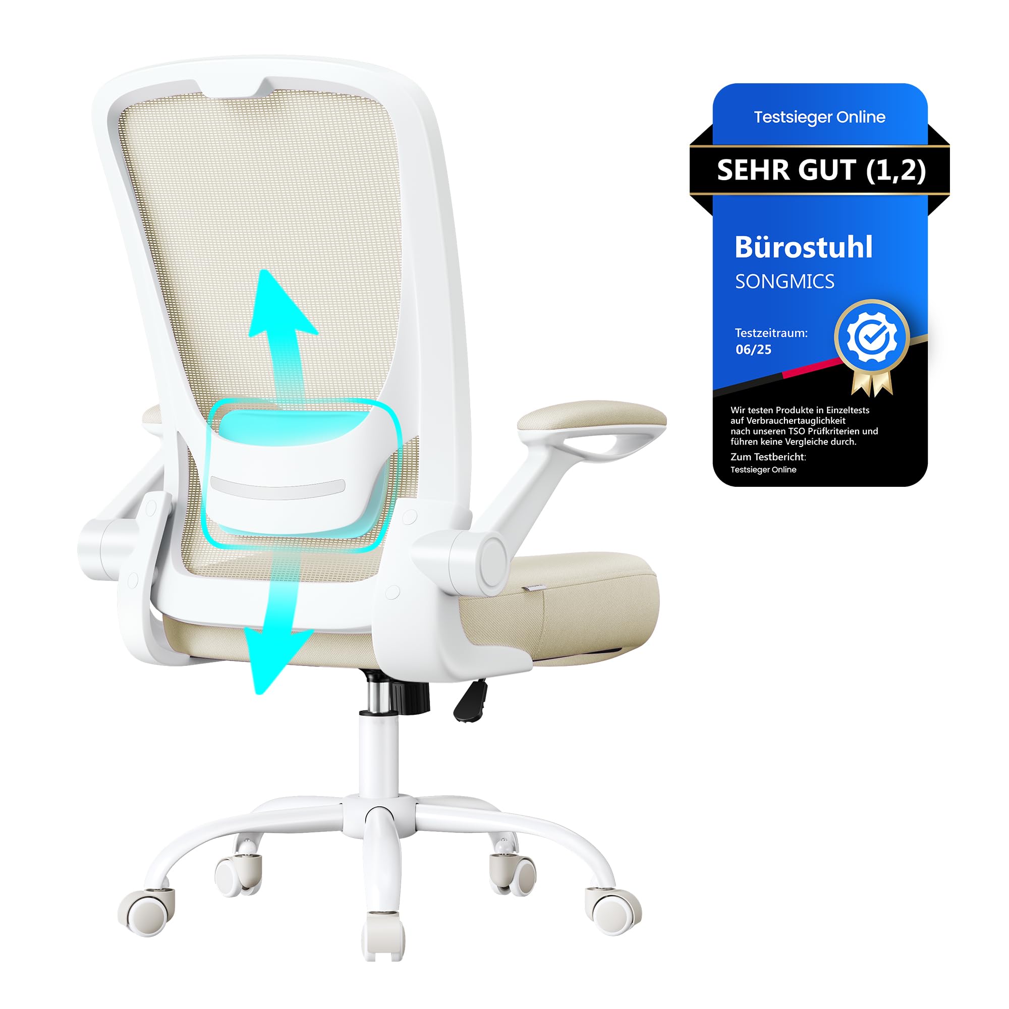 SONGMICS ergonomic office chair, swivel chair with mesh, lumbar and headrest, rocker function, 53 cm seat, folding armrests, study and bedroom, students, oatmeal beige OBN037K02