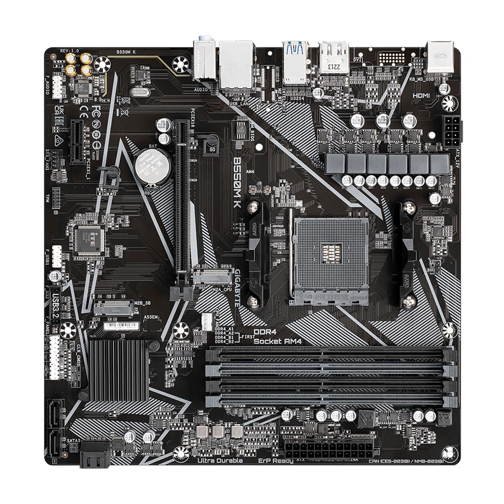 Placa de bază GIGABYTE B550M K – compatibilă cu procesoarele AMD Ryzen 5000, suportă până la 4733 MHz DDR4, 1xPCIe 4.0 + 1xPCIe 3.0 M.2, LAN 1GbE, USB 3.2 Gen 1