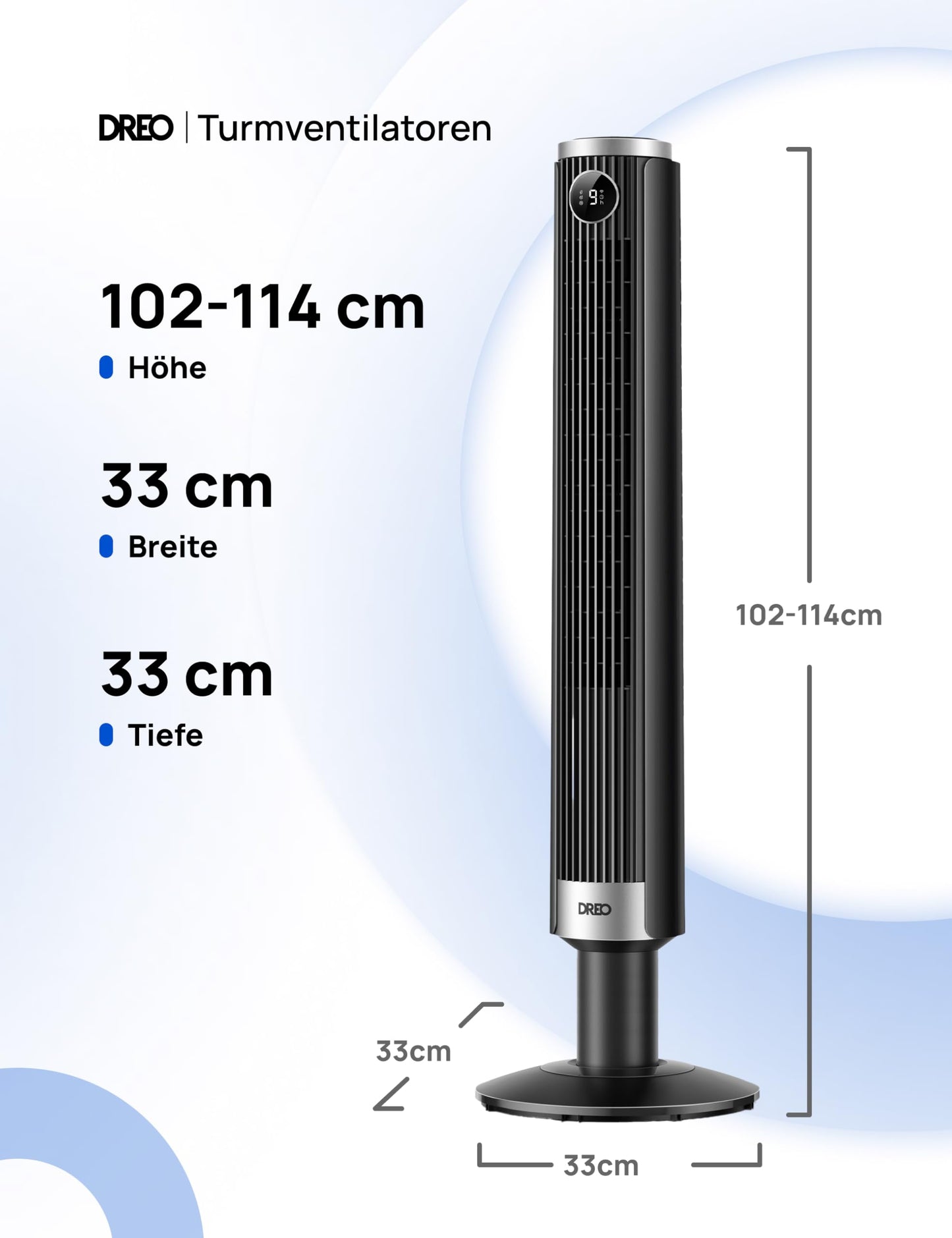 DREO Smart 102-114cm tower fan for bedroom, height adjustable, 8.4m/s, DC motor, 9 levels, 4 modes, 90° oscillation, pedestal fan, 20dB quiet, 12H timer for home and office, Google/Alexa - DR-HTF024S