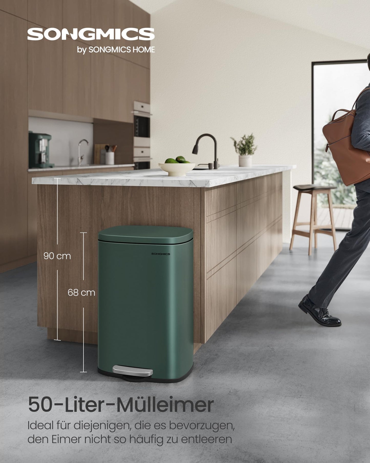 SONGMICS kitchen rubbish bin, 50 liters, waste bin, pedal bin, with lid, soft close, foot pedal, steel, inner bin, vintage green LTB050C02