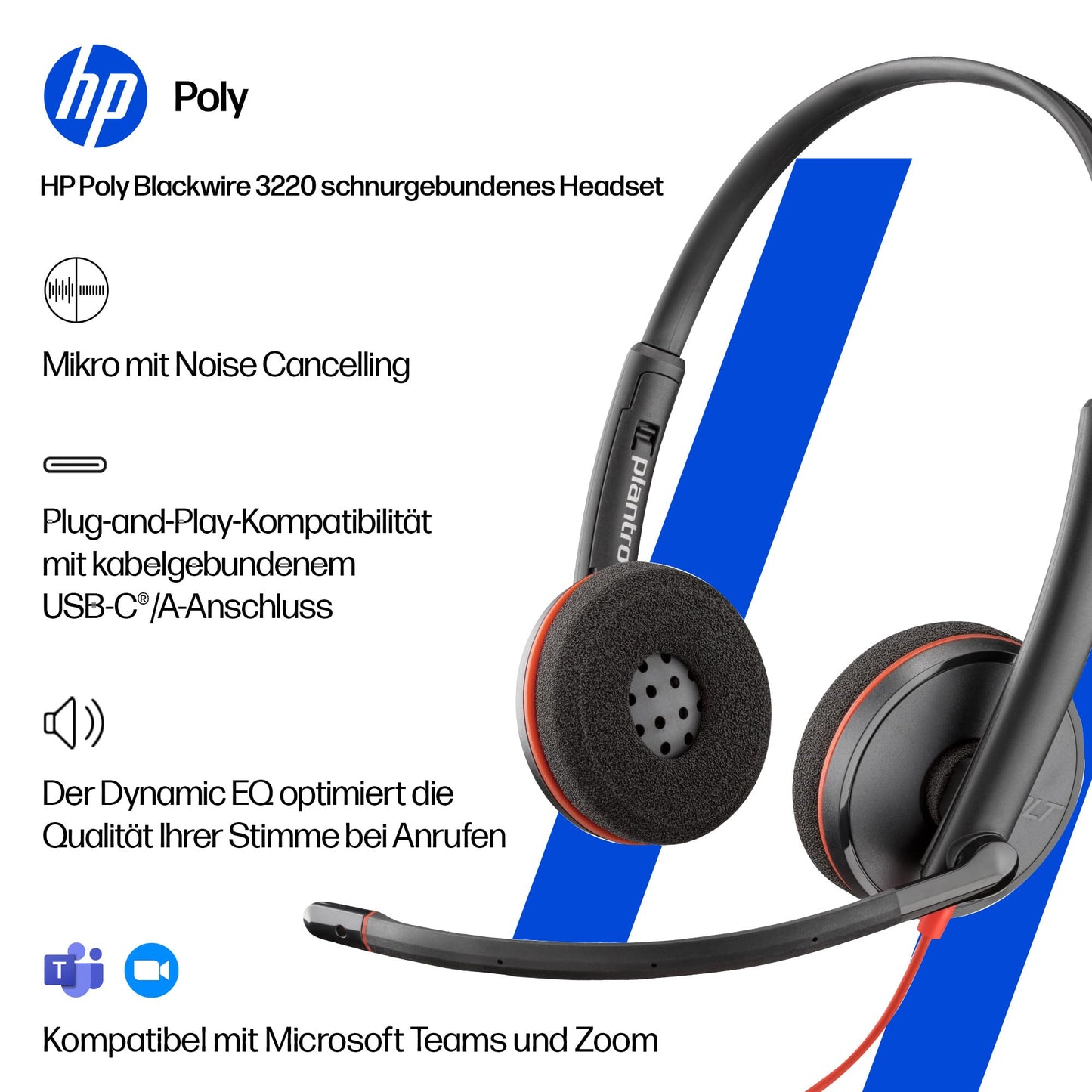Poly Blackwire 3220 corded USB-C headset, noise canceling microphone, stereo design, connects to PC/Mac via USB-C or USB-A, compatible with Teams/Zoom, SoundGuard technology - 9P7X8AA