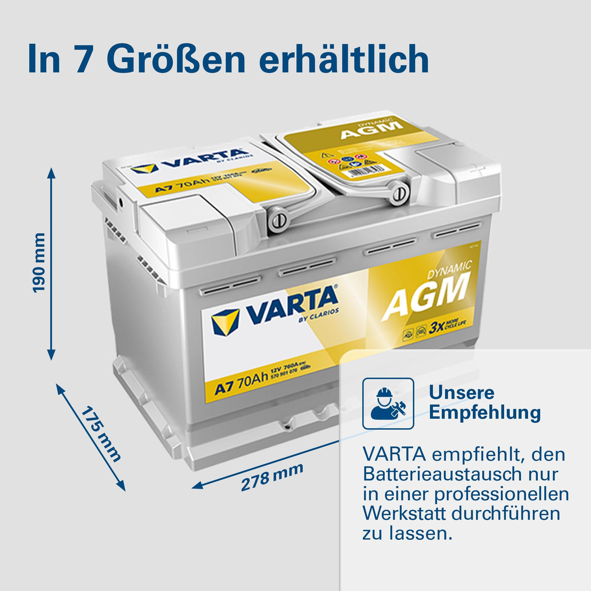 VARTA Automotive DYNAMIC AGM (A7) 12V 70Ah 760A - baterie umedă pentru sisteme Start-Stop și xEV - baterie de pornire pentru mașini cu un consum mai mare de energie - baterie cu plumb-acid fără întreținere - 570