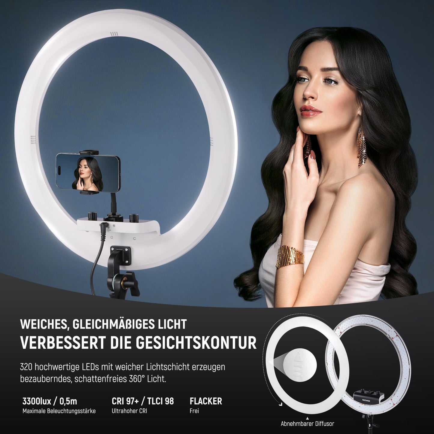 NEEWER Professional Ring Light with Stand and Phone Holder, 18" Thin, 45W 2900K-7000K TLCI98, Remote Shutter and App Control, Softer Lighting for Make up Live Stream TikTok, RP18B Pro White - 10103012