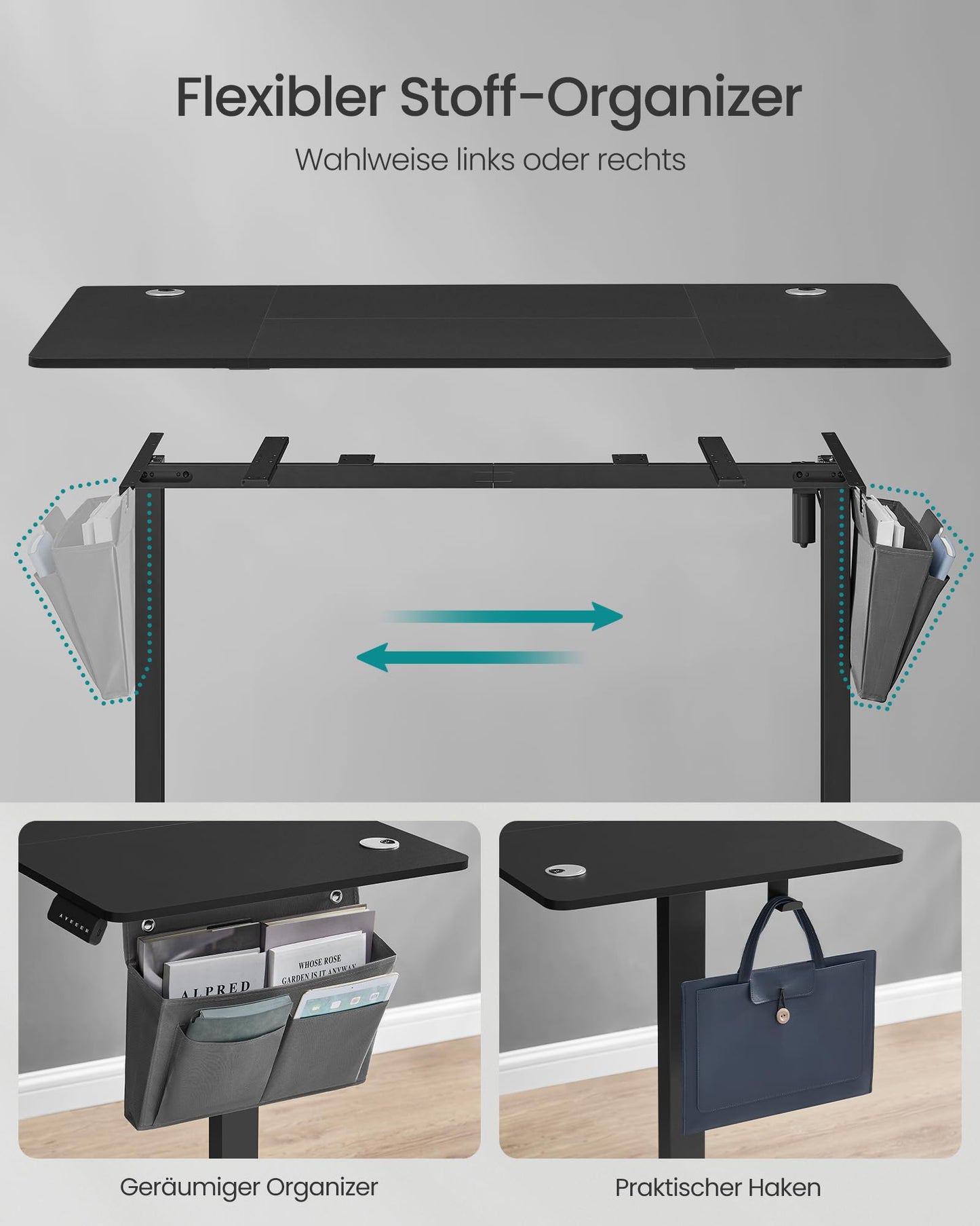 SONGMICS Electric height-adjustable desk, 160 x 70 cm, infinitely adjustable, memory function with 4 heights, ink black LSD136B01 - LSD03X01