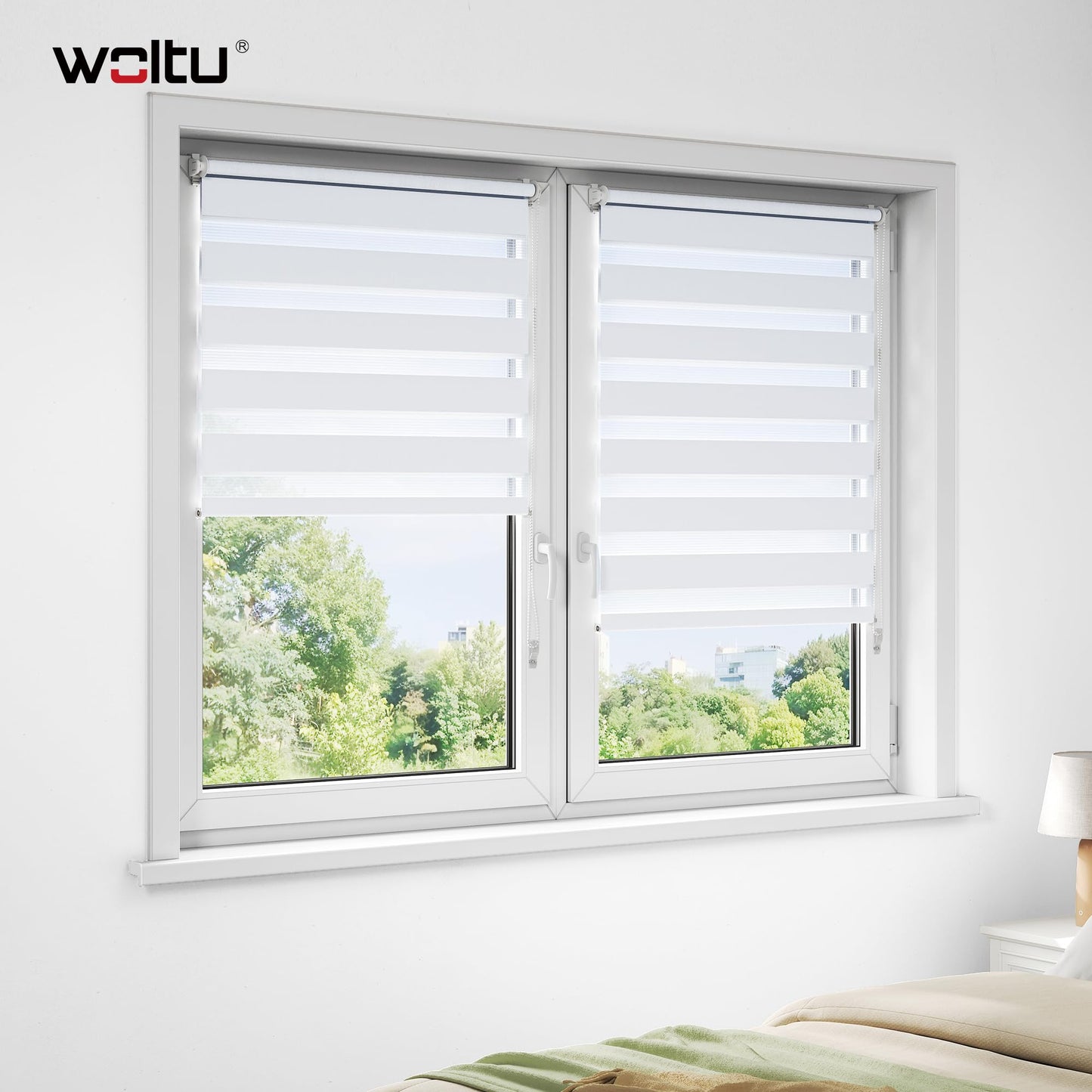 WOLTU double roller blind Klemmfix without drilling white W 120 x H 150 cm, duo roller blind translucent window roller blind for darkening inside, zebra roller blind with chain pull - side pull roller blind for windows and doors