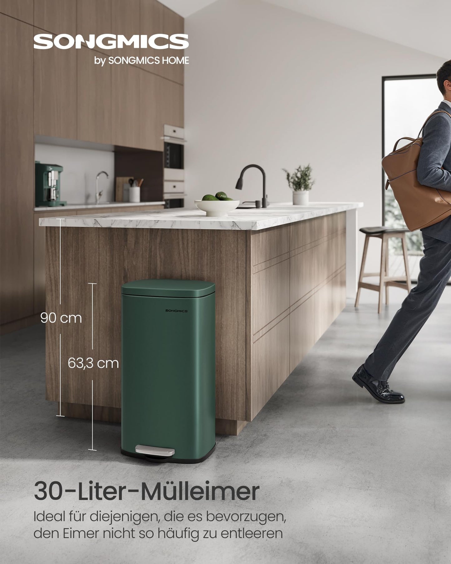 SONGMICS kitchen rubbish bin, 30 liters, waste bin, pedal bin, with lid, soft close, foot pedal, steel, inner bin, vintage green LTB003C02