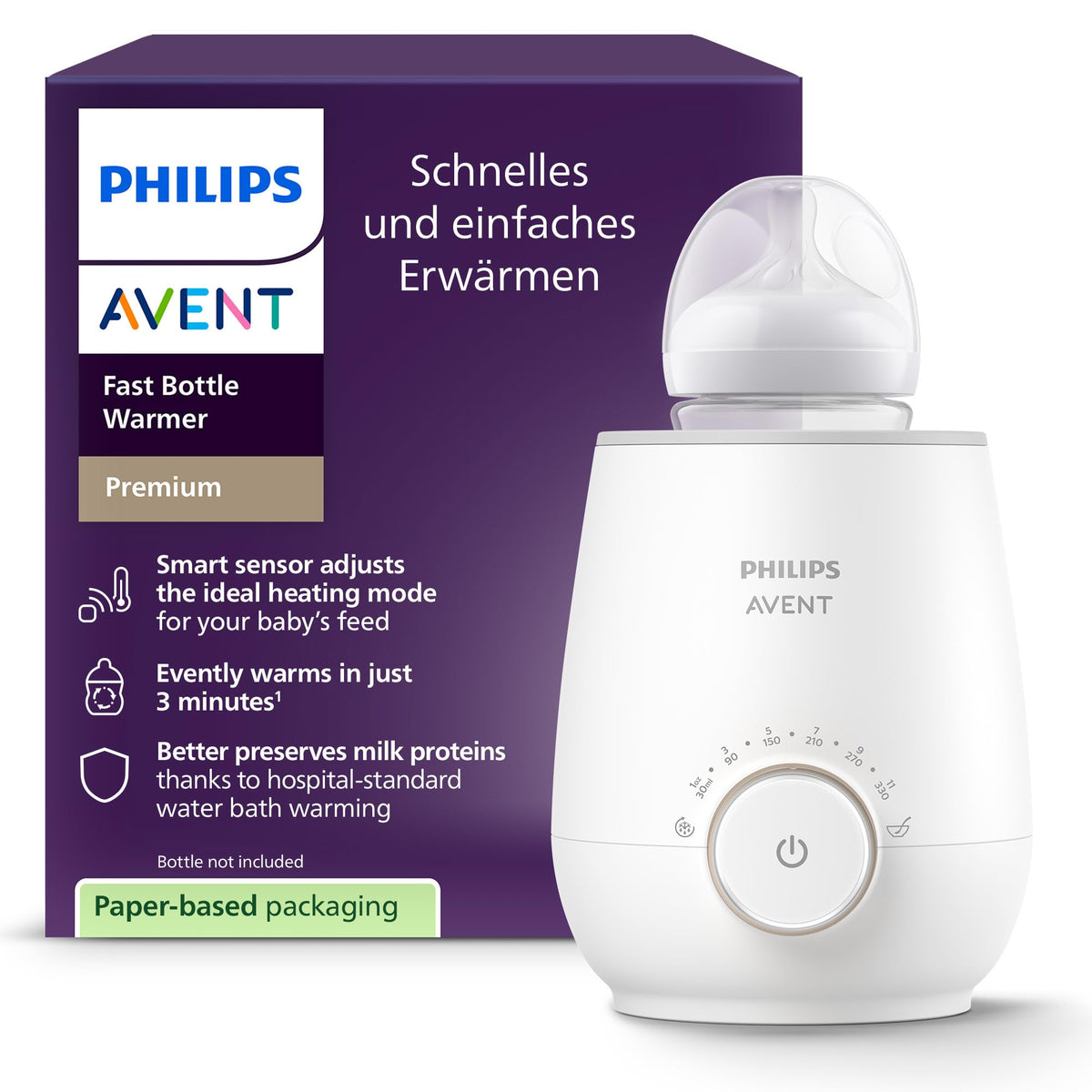 Philips Avent Fast Premium Bottle Warmer, with intelligent temperature control, water bath technology, automatic shut-off, model SCF358/00