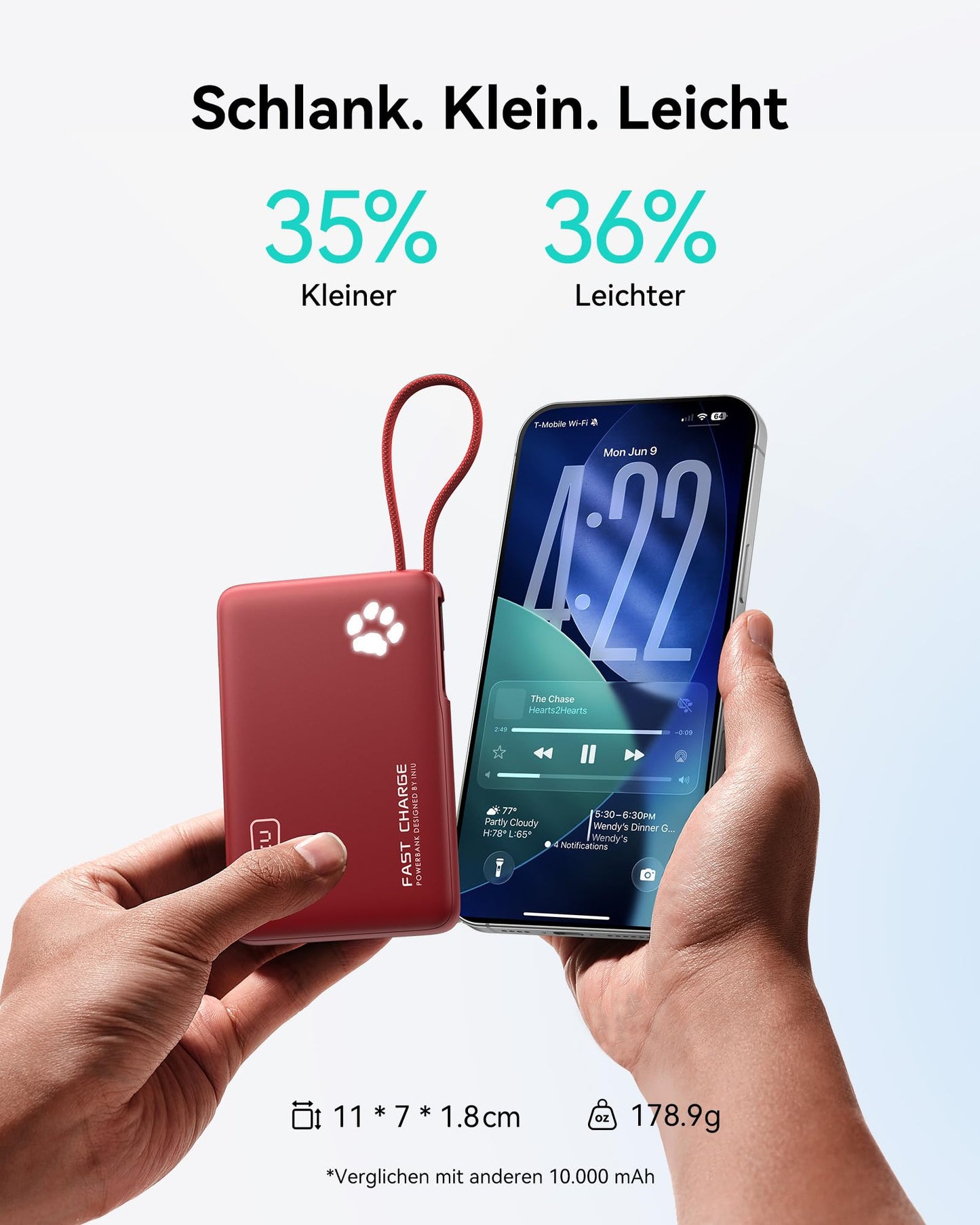 INIU 45W Power Bank, Mini Size 10000mAh PowerBank with Integrated USB-C Cable, Fast Charging External Mobile Phone Batteries USB C In&Out, Small But Strong for iPhone 17 16 15 Xiaomi Mini Samsung, Red - P41L