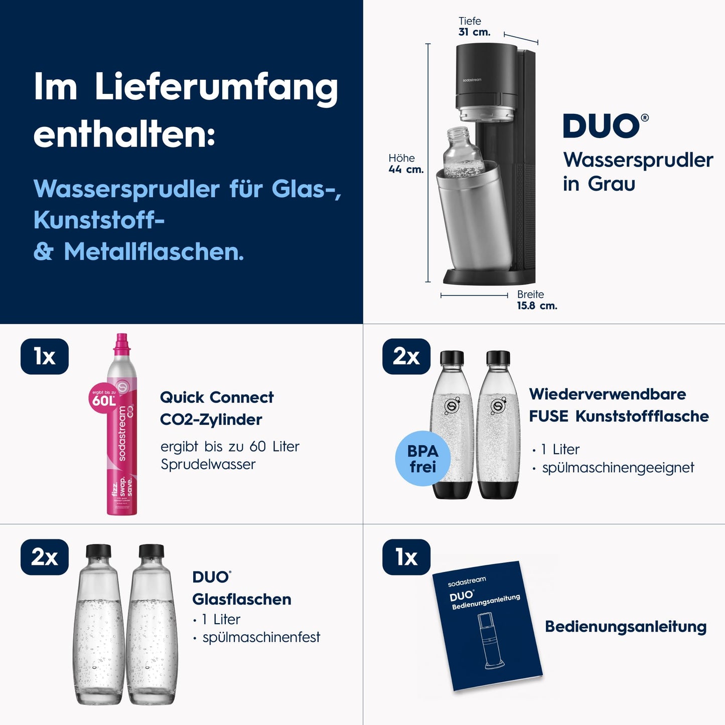 Sodastream Duo sparkling water maker with glass bottles, sparkling water machine, quick-connect CO2 cylinder, including 2 glass bottles and 2 plastic bottles, gray - 1016814490