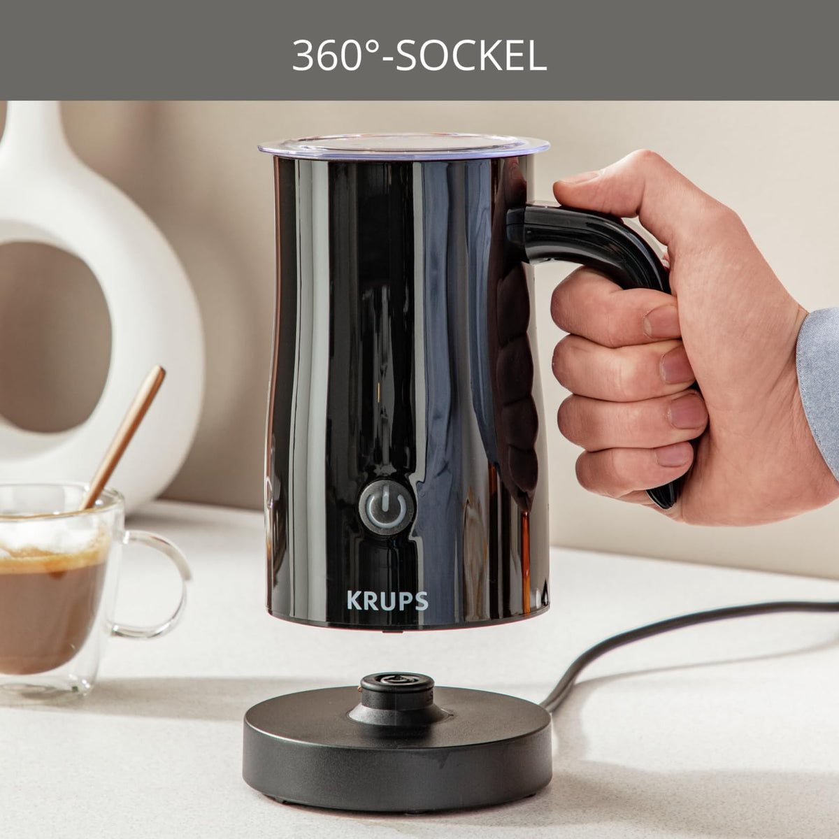 Krups electric milk frother, up to 150 ml frothing capacity, one-touch operation, easy cleaning thanks to non-stick coating, automatic shut-off, milk frother, black, XL1008
