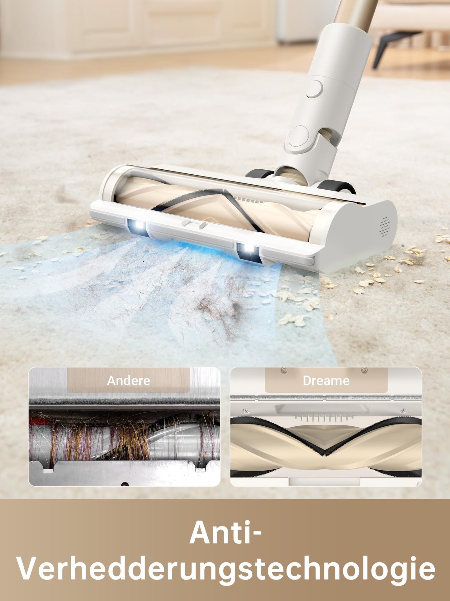 dreame R10 cordless vacuum cleaner, 20,000 PA / 120AW strong suction power, wireless vacuum cleaner, 60 min running time, brush for various surfaces with LED light, ideal for house cleaning, animal hair, carpets - VTV22B