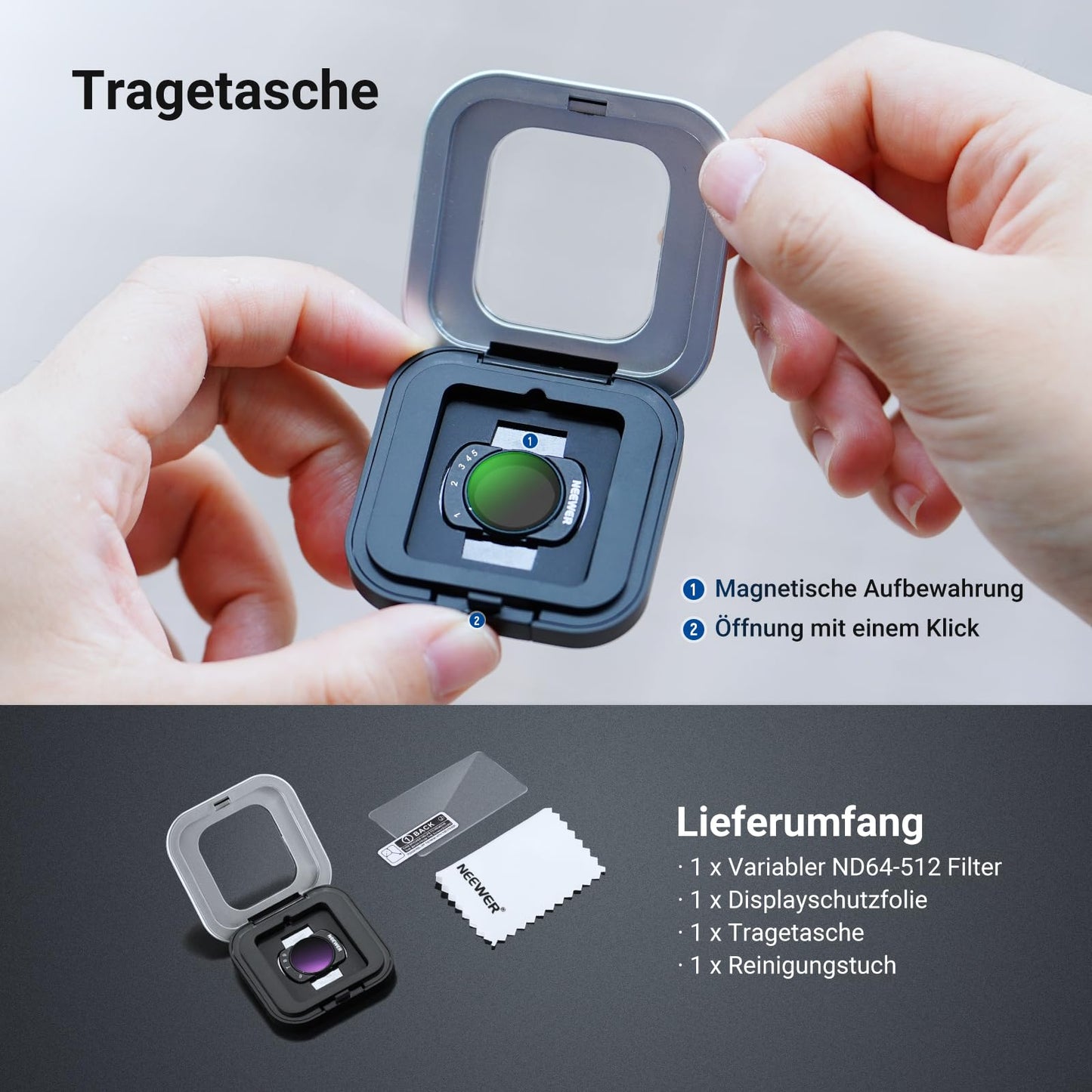 NEEWER Variable ND Filter, Compatible with DJI Osmo Pocket 3 /Pocket 4 /Xtra Muse, Magnetic, Multi-Coated ND64-512 Neutral Density Action Camera Lens Filter with Screen Protector and Bag - FL-C60