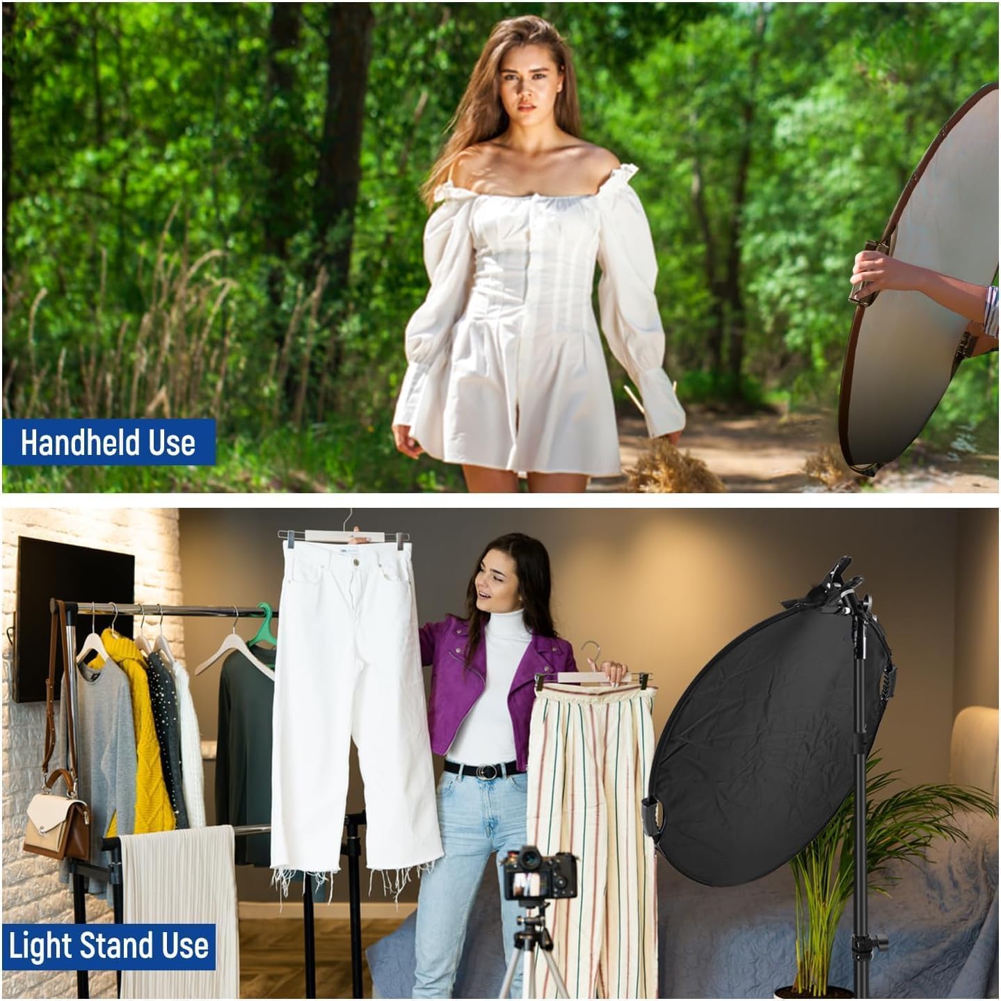 NEEWER 22"/56cm 5 in 1 light reflector with clamp & handles, polyester multi-disc photo diffuser, translucent/silver/gold/white/black, with 3/8" thread for studio & outdoor lighting, RF-56II