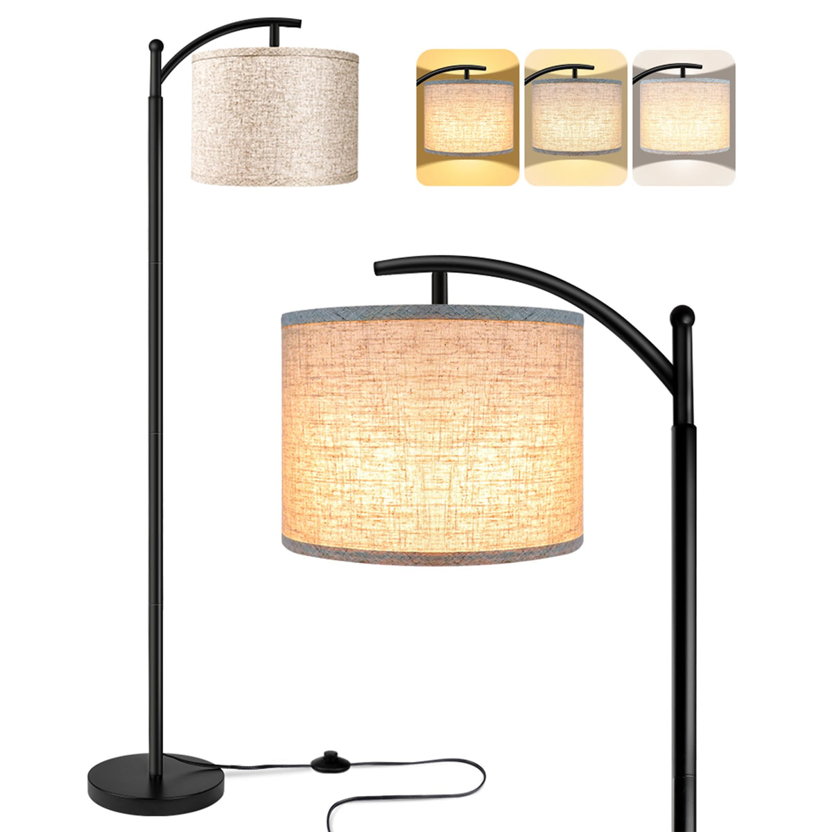 ROTTOGOON Lumină de podea pentru living cu 3 temperaturi de culoare, bec LED. Lumină de podea în stil industrial, ideală pentru citit, pentru dormitor sau birou (bec LED de 9W cu abajur bej inclus). Culoare: negru. - YSFP050PB1-EU