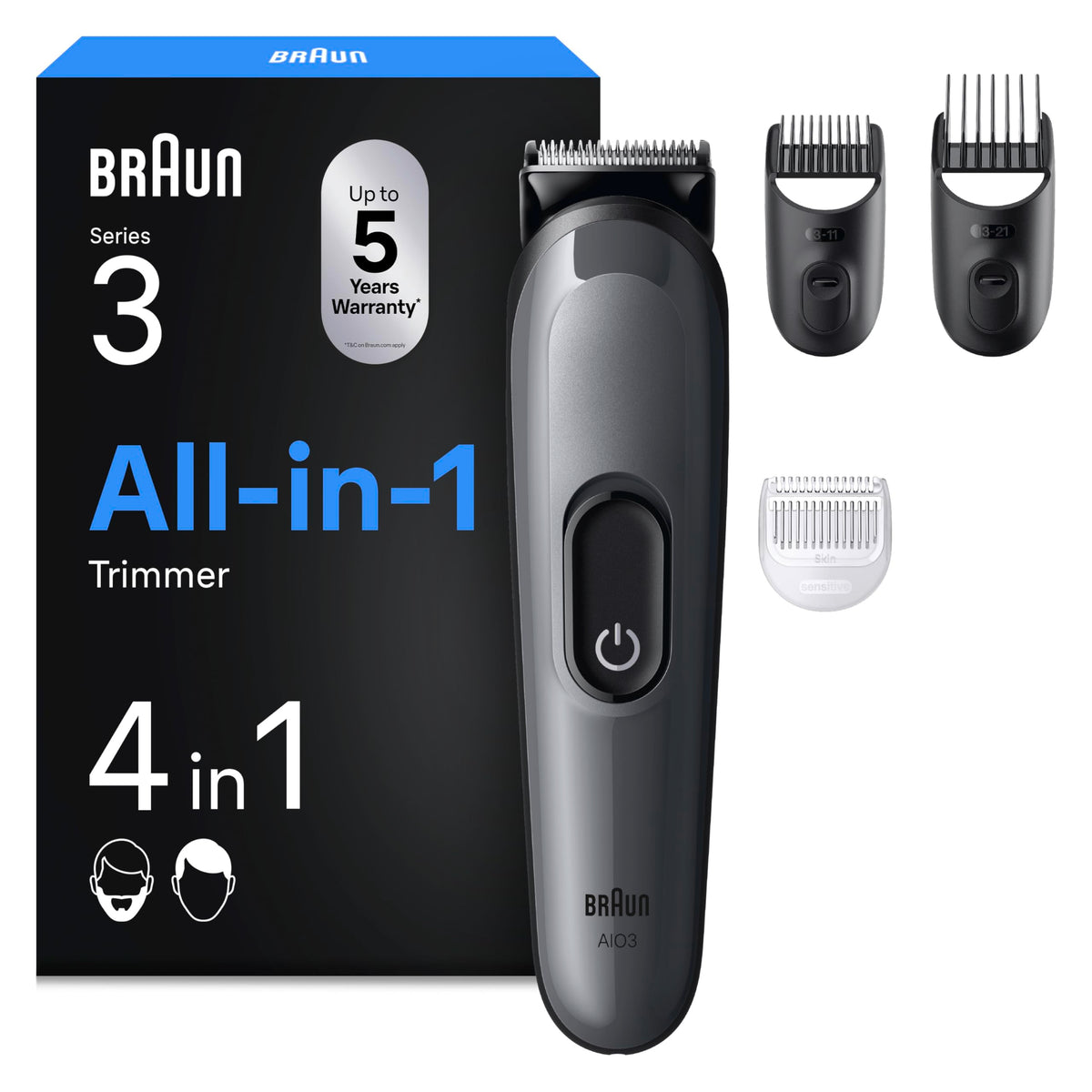 Braun Multigroom All-in-One Series 3, 4-in-1 Trimmer, AIO3500, Gray