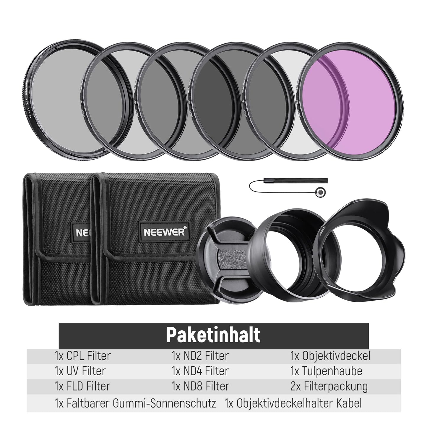 NEEWER 49mm ND lens filter set: UV CPL FLD ND2 ND4 ND8 lens hood - 10101714