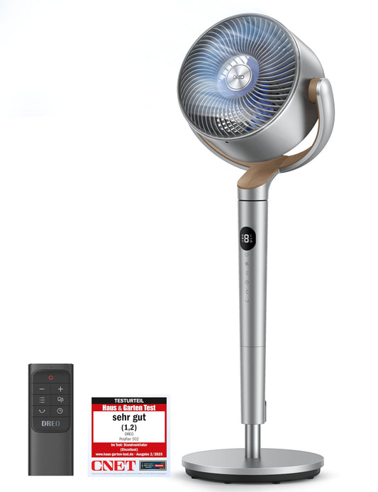 DREO 20dB quiet pedestal fan, 120°+120° omni-directional oscillating fan, 26M wind distance, 1200m³/h air volume Real turbo air circulator fans, 102CM height 3 modes 8-speed - DR-HPF002