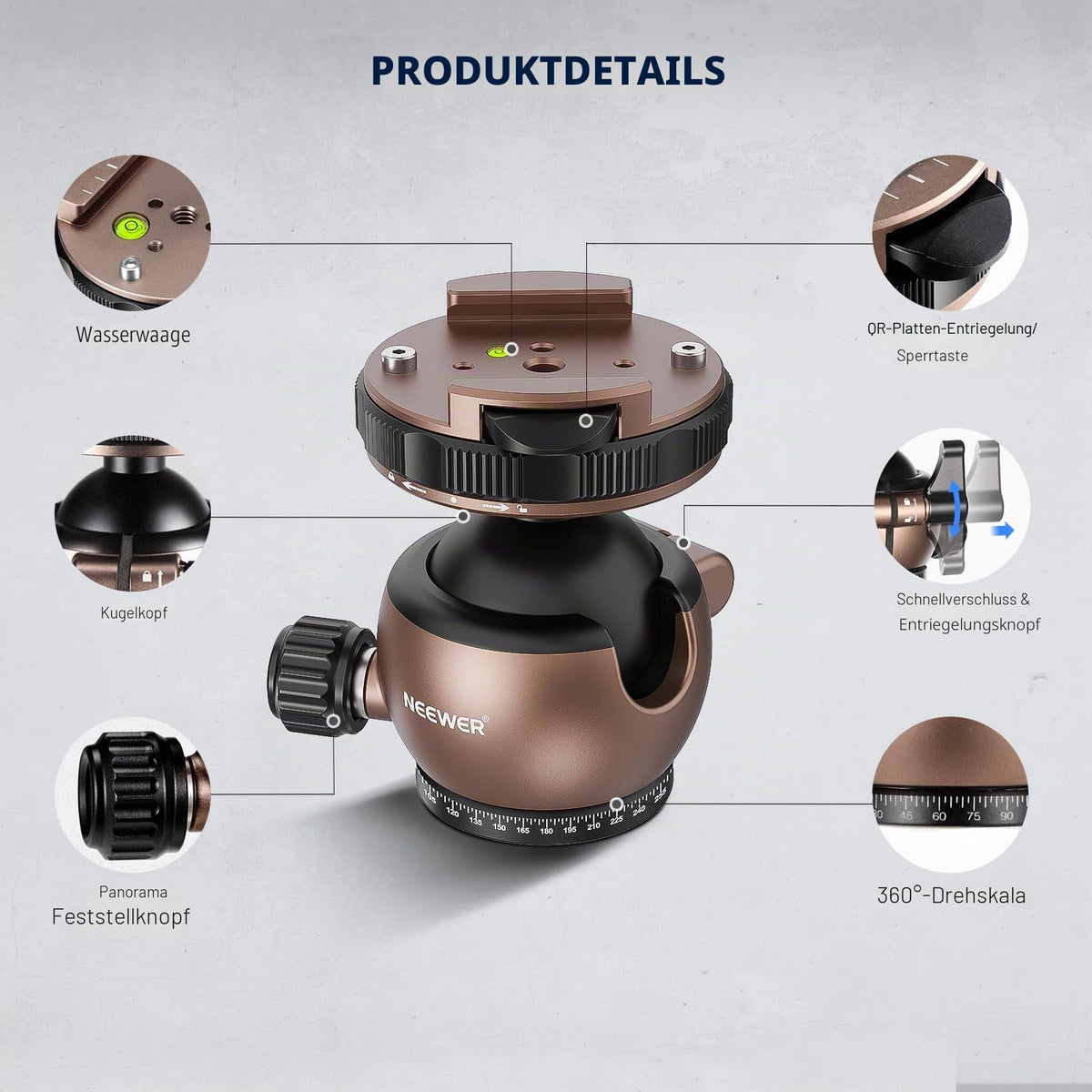 NEEWER Tripod Head Ball Head Tripod Mount Adapter, flat tripod head, ball mount, quick release with 1/4" QR plate, compatible with Peak Design Capture Camera Clip, max load 10kg, GM32 - GM32/40mm