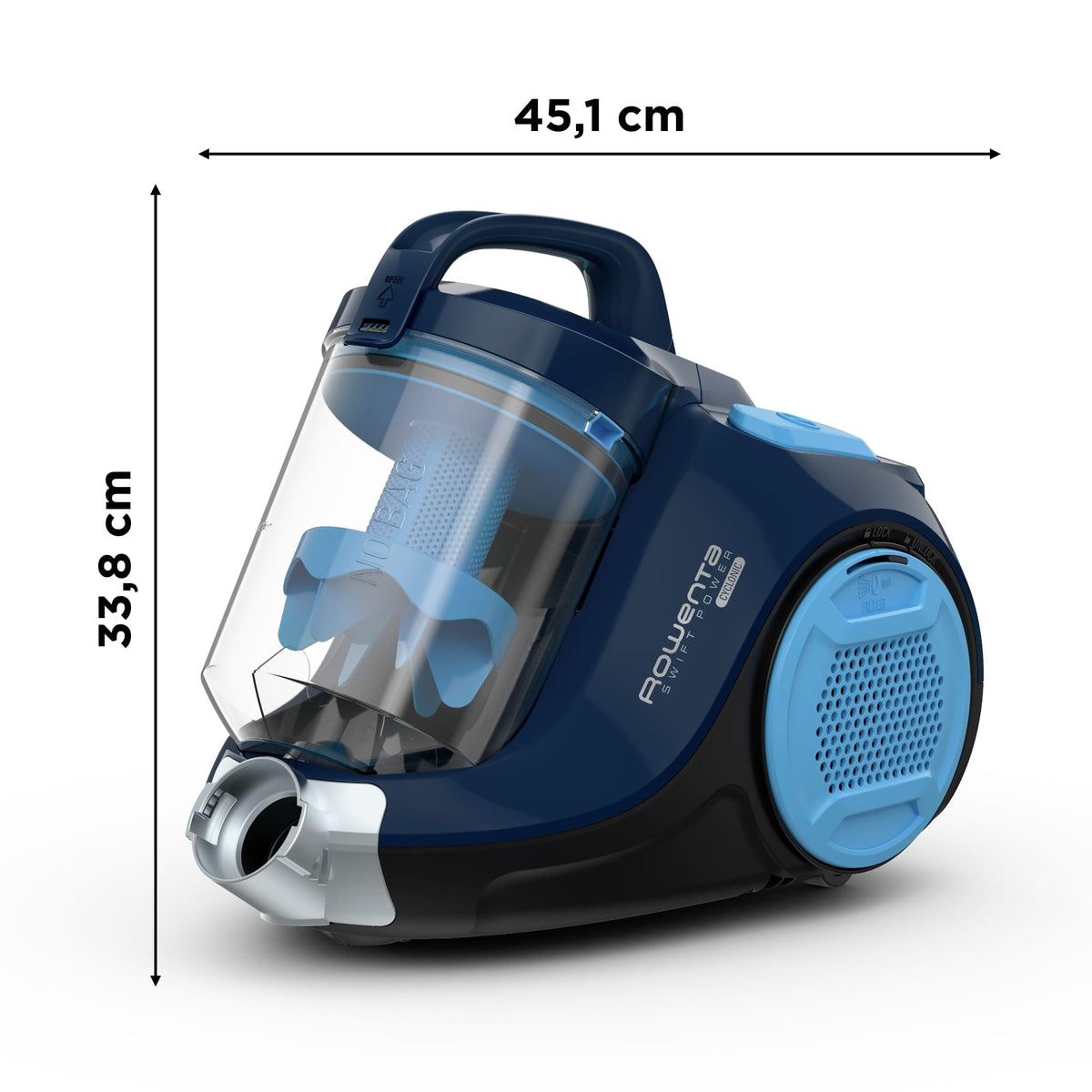 Rowenta Swift Power Cyclonic Bagless Vacuum Cleaner, 900 Watts, powerful suction, 1.2 L dust container, high filtration, large area coverage, bagless vacuum cleaner with cord, blue, RO2981EA - 7211004084