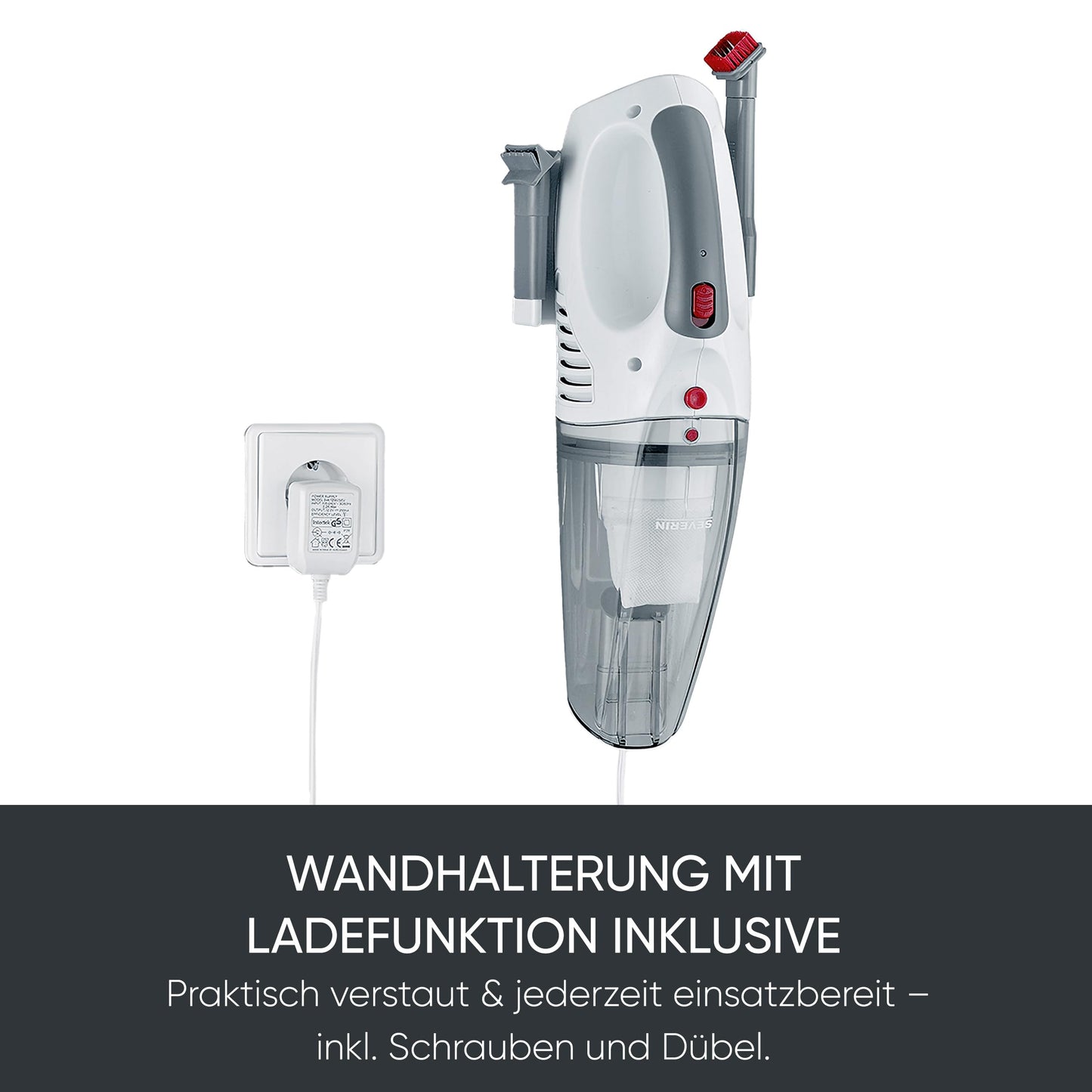 SEVERIN 3-in-1 cordless handheld vacuum cleaner S'POWER home & car, wireless wet & dry vacuum cleaner with 7.4V Li-ion battery, car vacuum cleaner including 12V charging cable, white/red, HV 7144