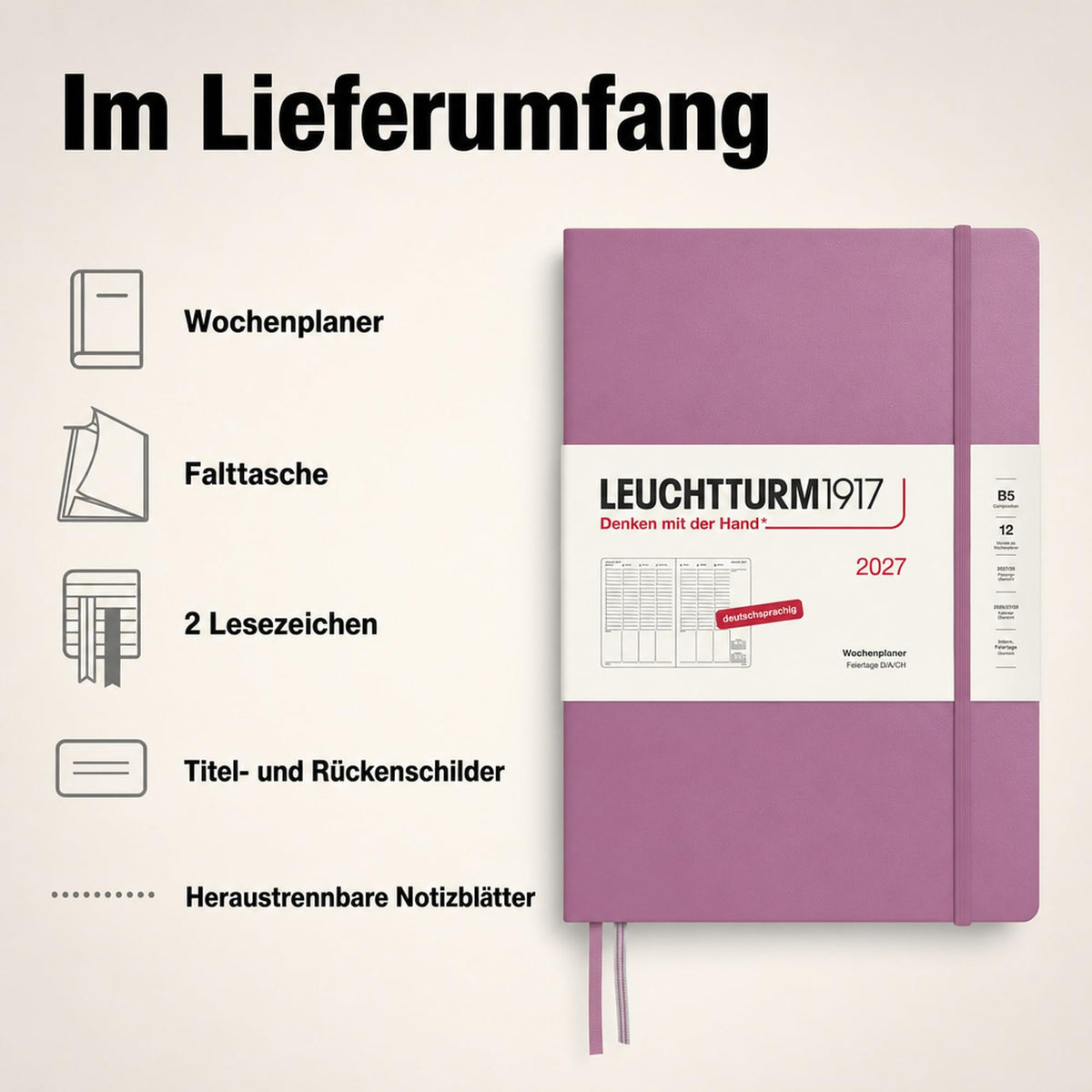 LEUCHTTURM1917 weekly planner 2027 Composition (B5) - German, Dusty Rose, 254 x 178 mm, January-December (12 months), weekly overview with hourly grid 7:00-22:00 per column, hardcover, 80 g/m² paper - 400142