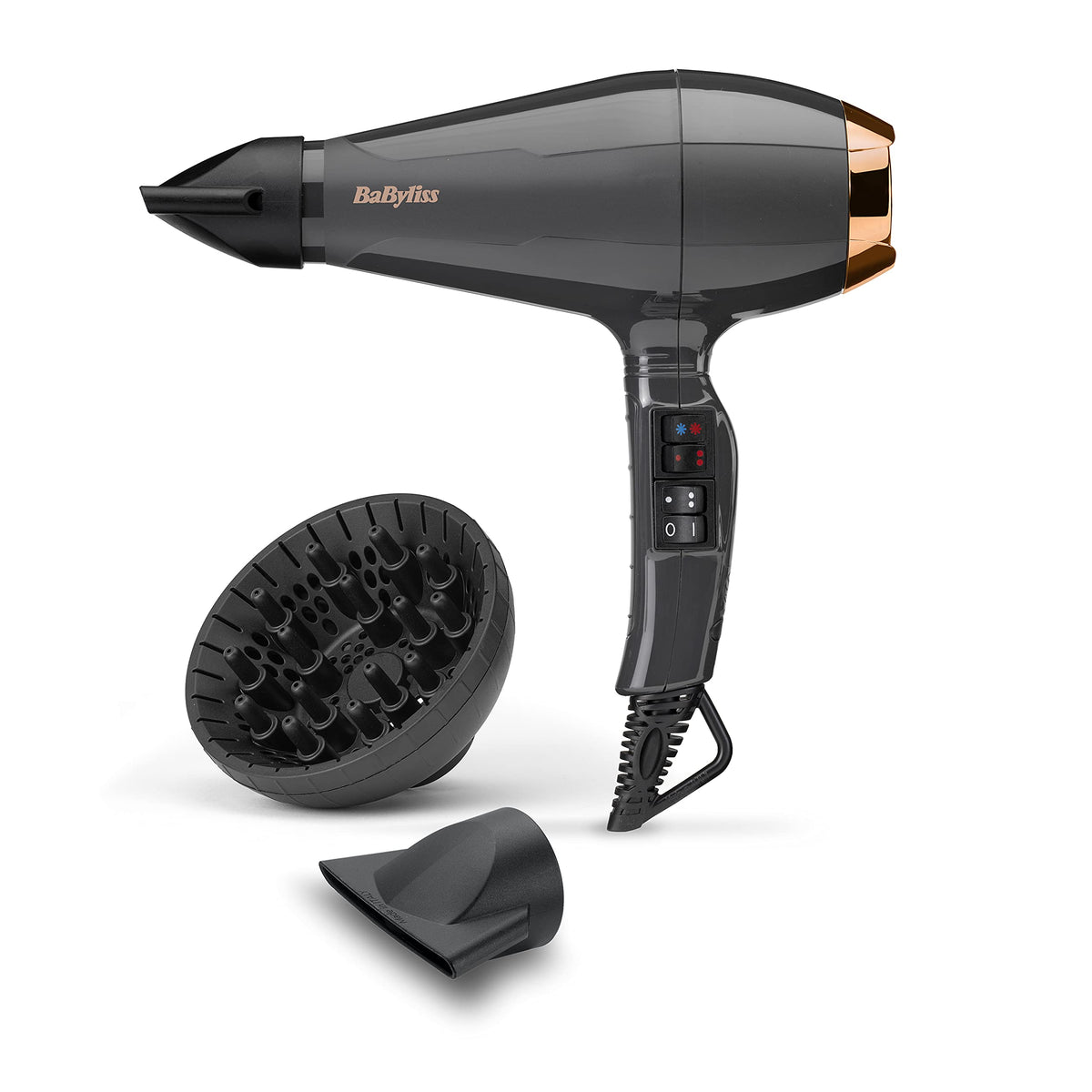 BaByliss Italian Air Pro Uscător de păr cu difuzor – Fabricat în Italia, uscător de păr de înaltă performanță de 2200W, tehnologie ionică anti-frizz, 2 niveluri de temperatură și 2 viteze, negru, 6719DE