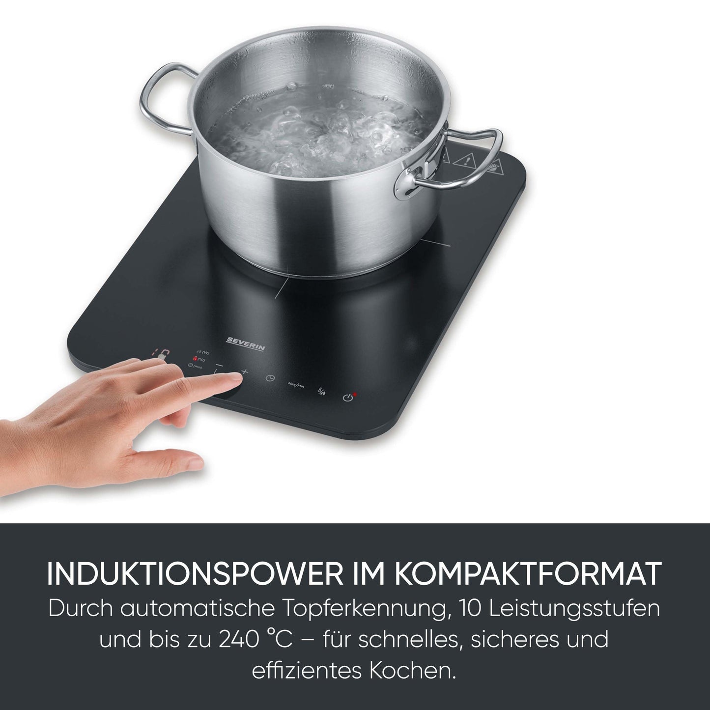 Severin induction hob, matt glass ceramic hob, scratch-resistant, 10 power levels, touch display, timer function, signal tone and automatic switch-off, single, 2,000W, black, glass, KP 1032