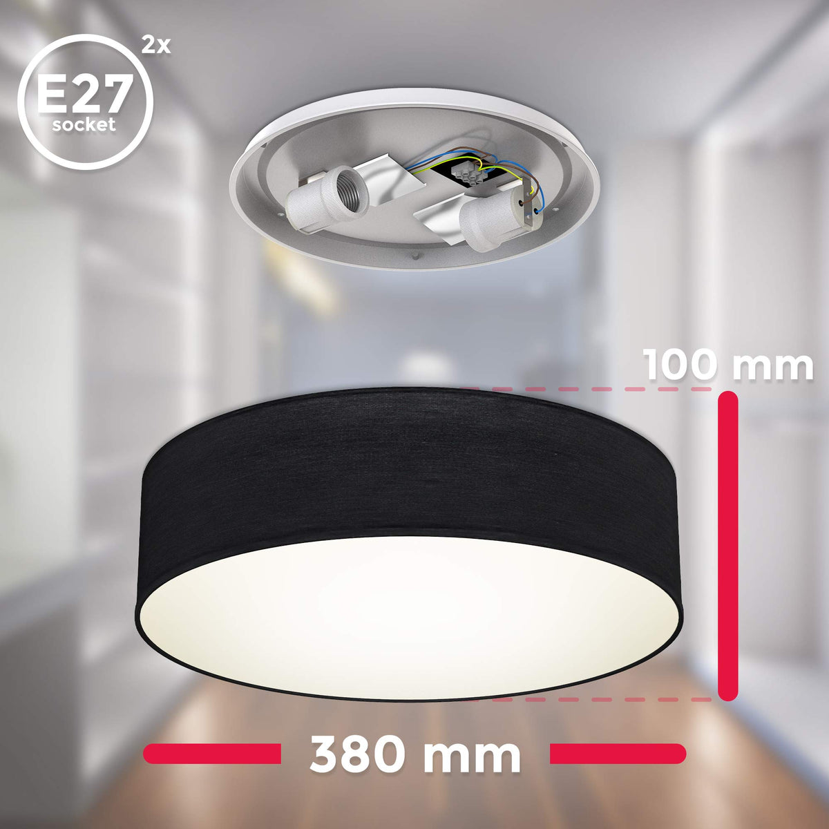 B.K.Licht - Ceiling lamp with fabric shade, E27 socket, max. 40 watts, ceiling light, lamp, living room lamp, bedroom lamp, kitchen lamp, ceiling lighting, 38x10 cm, black - BKL1220