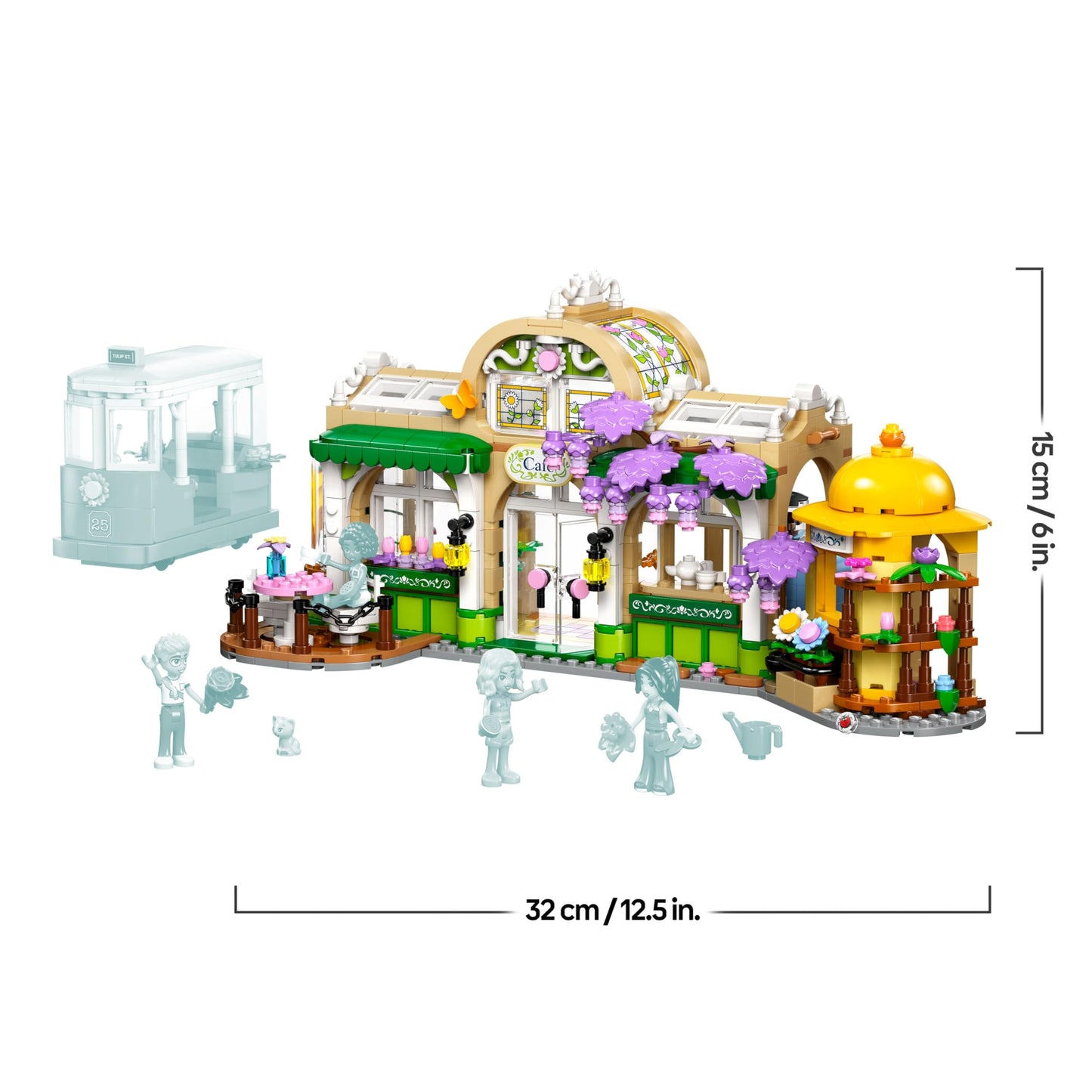 LEGO Friends plant cafe and flower kiosk - toy with 4 minifigures, 1 cat figure, tram and kitchen accessories - pastries, cups and teapot - birthday gift for girls aged 9 and over - 42671