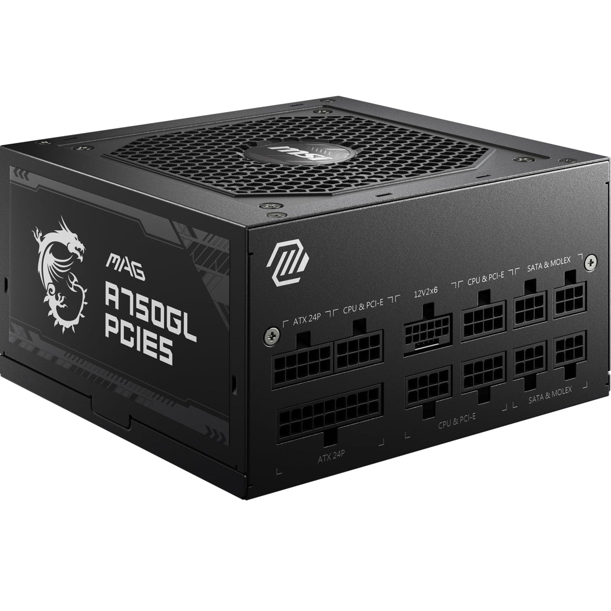 MSI MAG A750GL PCIE5 Sursă de alimentare, 750W, 80 Plus Gold complet modulară, ATX 3.0, suportă GPU PCIe 5.0, ventilator de 120mm FDB cu rulmenți dinamici, Full-Bridge LLC, cabluri plate negre - 7 ani garanție - 306-7ZP8B11-CE0