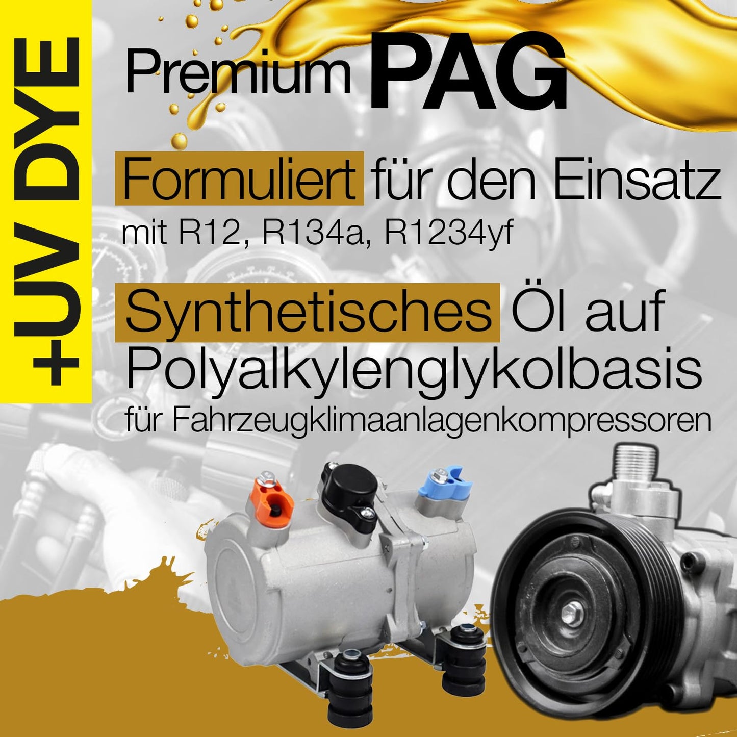 Errecom PAG 150 Premium + UV DYE - 1 L, lubricant for conventional or electric automotive air conditioning compressors operating with the refrigerants GAS R134a and R1234yf - OL6010.K.P2.EC