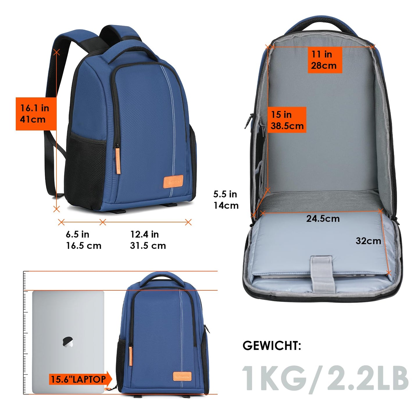 TARION Camera Backpack Lightweight Camera Backpack with 15 Inch Laptop Compartment Blue - TB-02-BU-EU